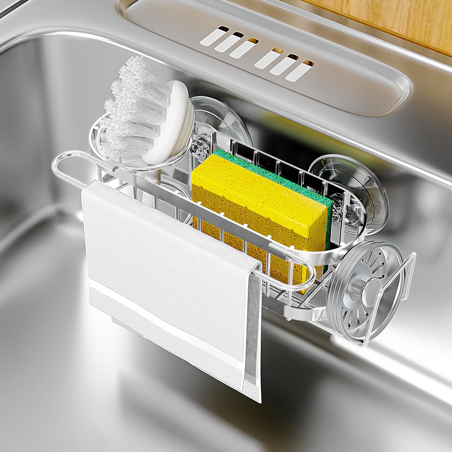 Cisily Kitchen Sink Caddy Sponge Holder in the Sink, Stainless Steel Kitchen Sink Organizer, Brush Holder, Dish Cloth Hanger, Sink Stopper Holder with 2 Installation Ways (Suction & Adhesives