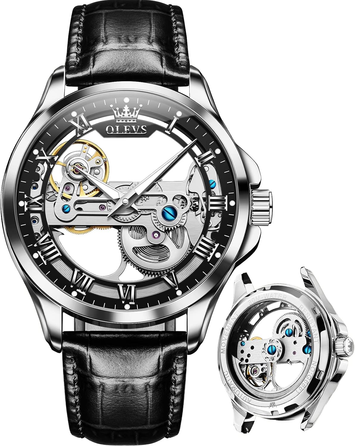 OLEVS Automatic Mechanical Watches for Men Skeleton Watch Waterproof Brown Black Leather Band Rose Gold Men's Wrist Watches