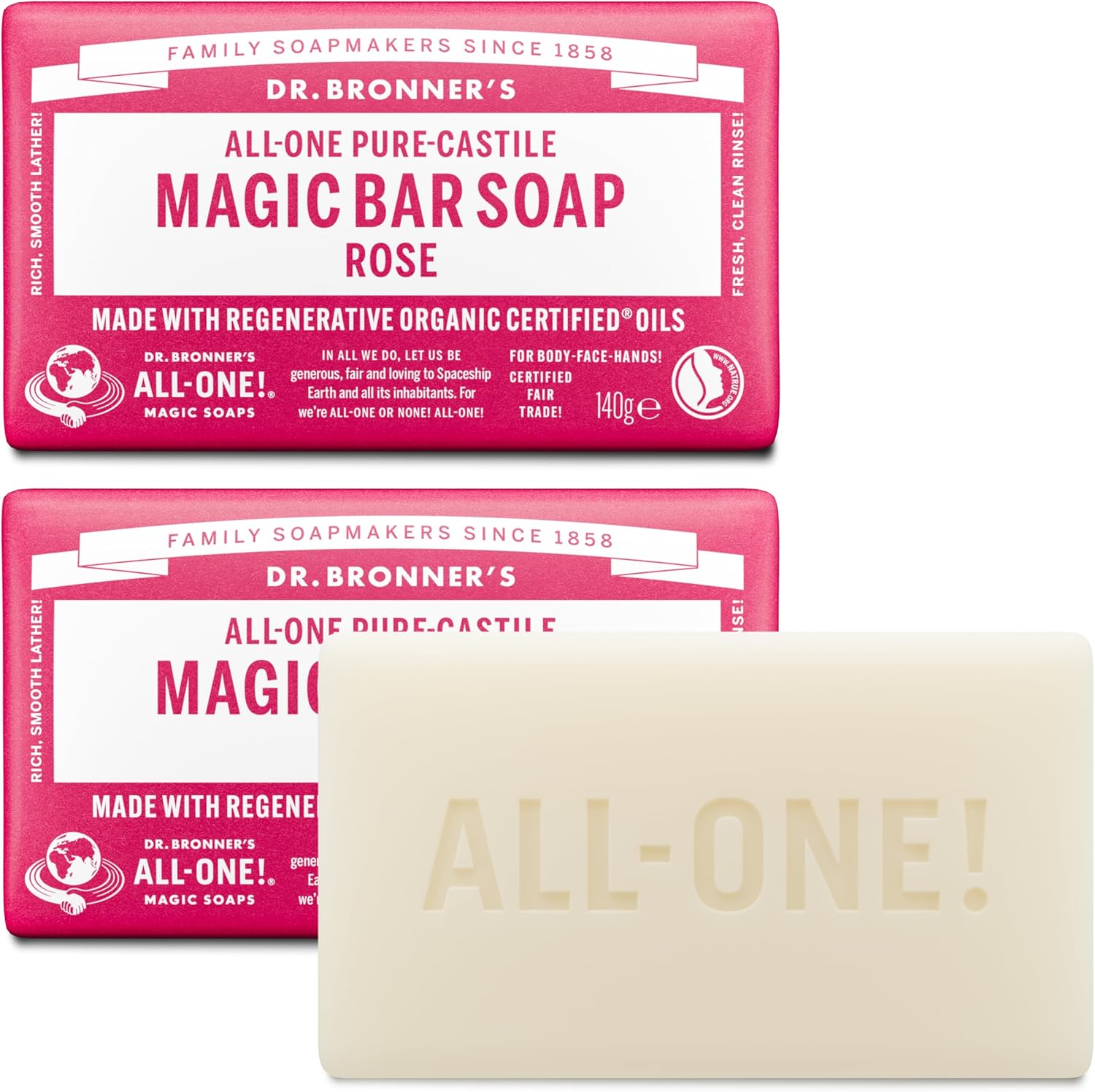 Dr Bronner's - 3-in-1 Rose Pure Castile Bar Soap, 140g Bar