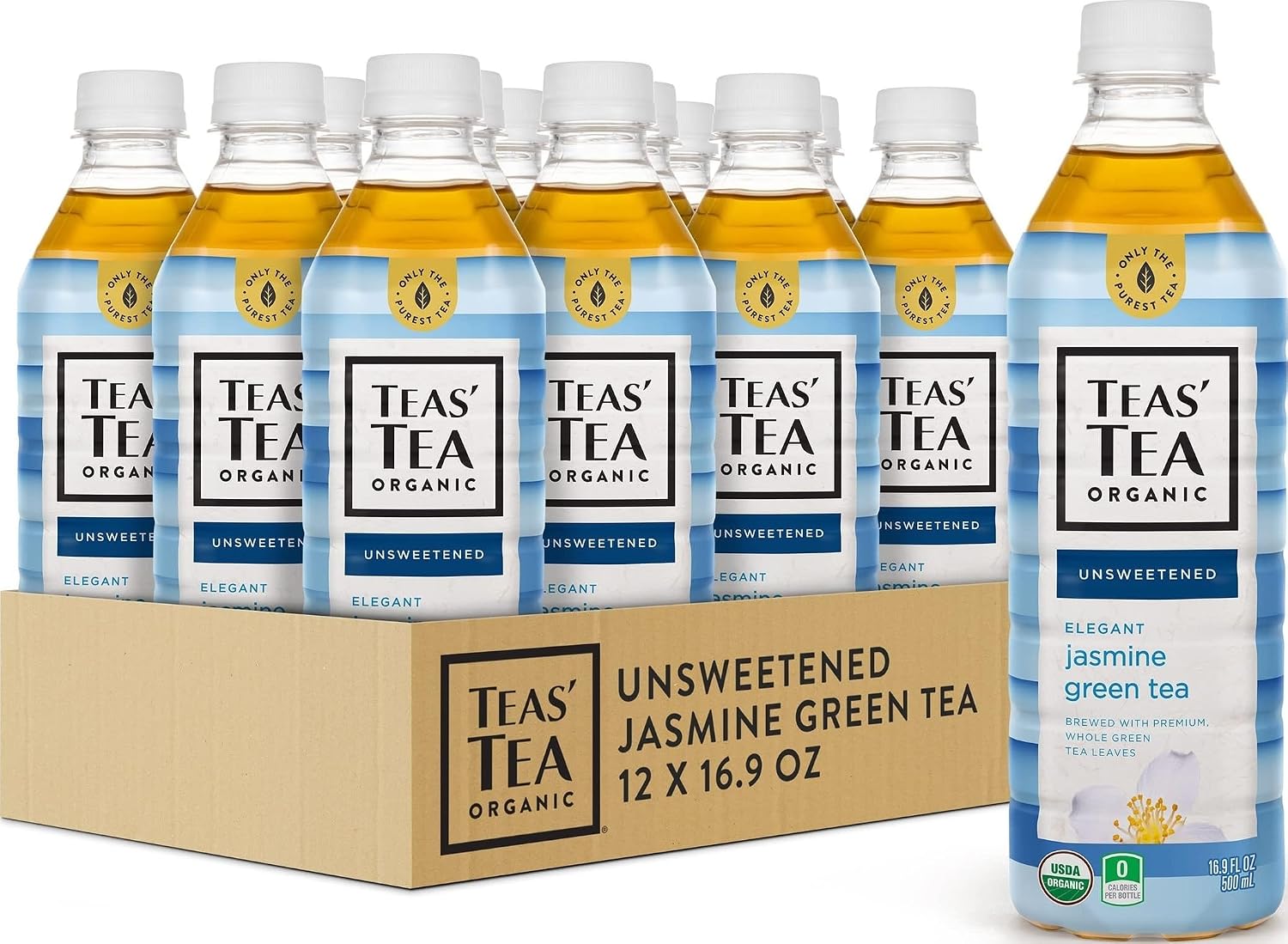 Teas' Tea Unsweetened Jasmine Green Tea 16.9 Ounce (Pack of 12) Organic, Sugar Free, 0 Calories