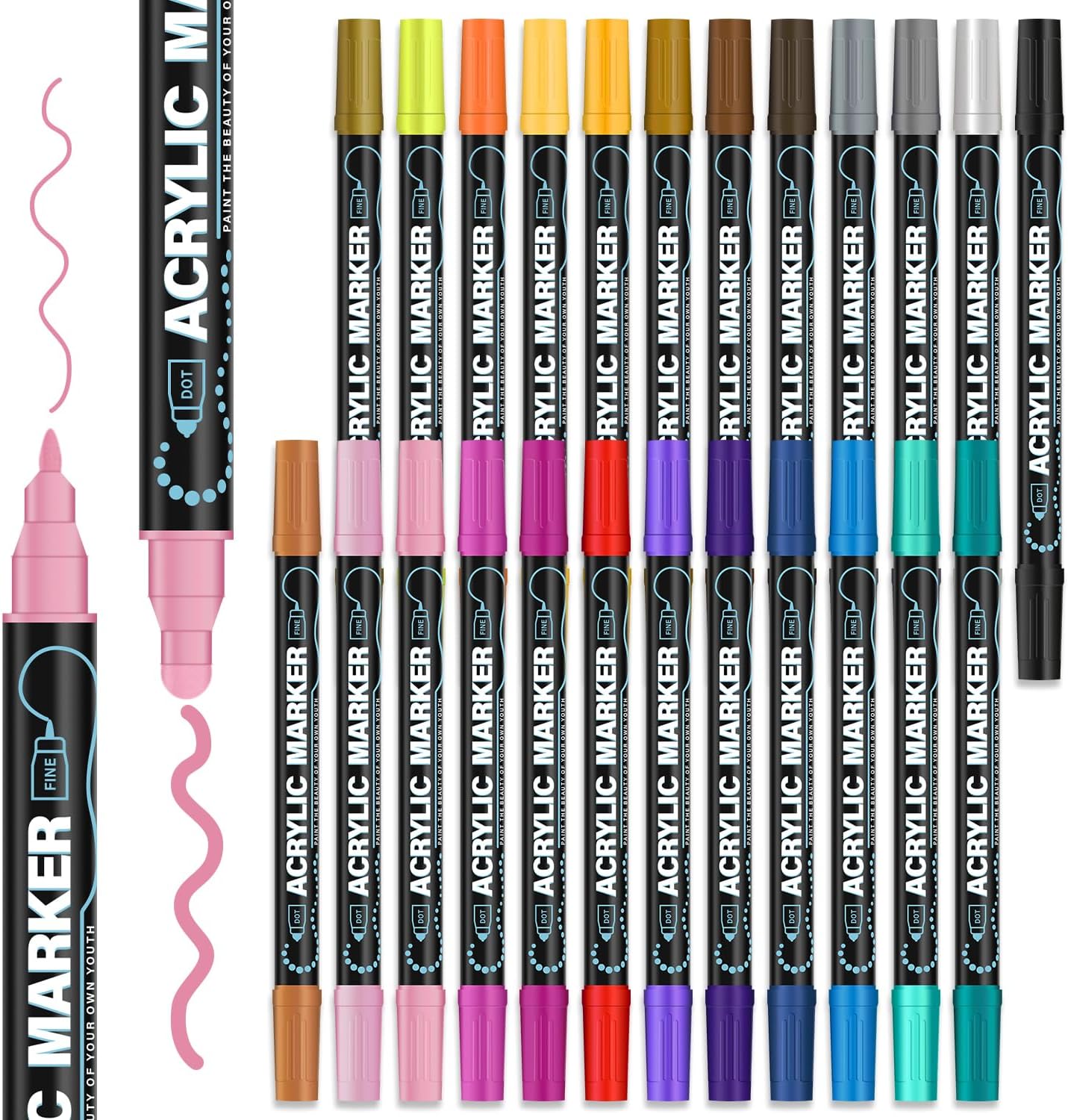 Acrylic Paint Markers, 24 Colors Paint Pens Acrylic Markers, Dual-Tip Acrylic Paint Pens (Dot & Fine) Rock for Painting, Fabric, Wood, Ceramic, Stone, Glass, Canvas, Scrapbook, Crafts & Art Supplies.