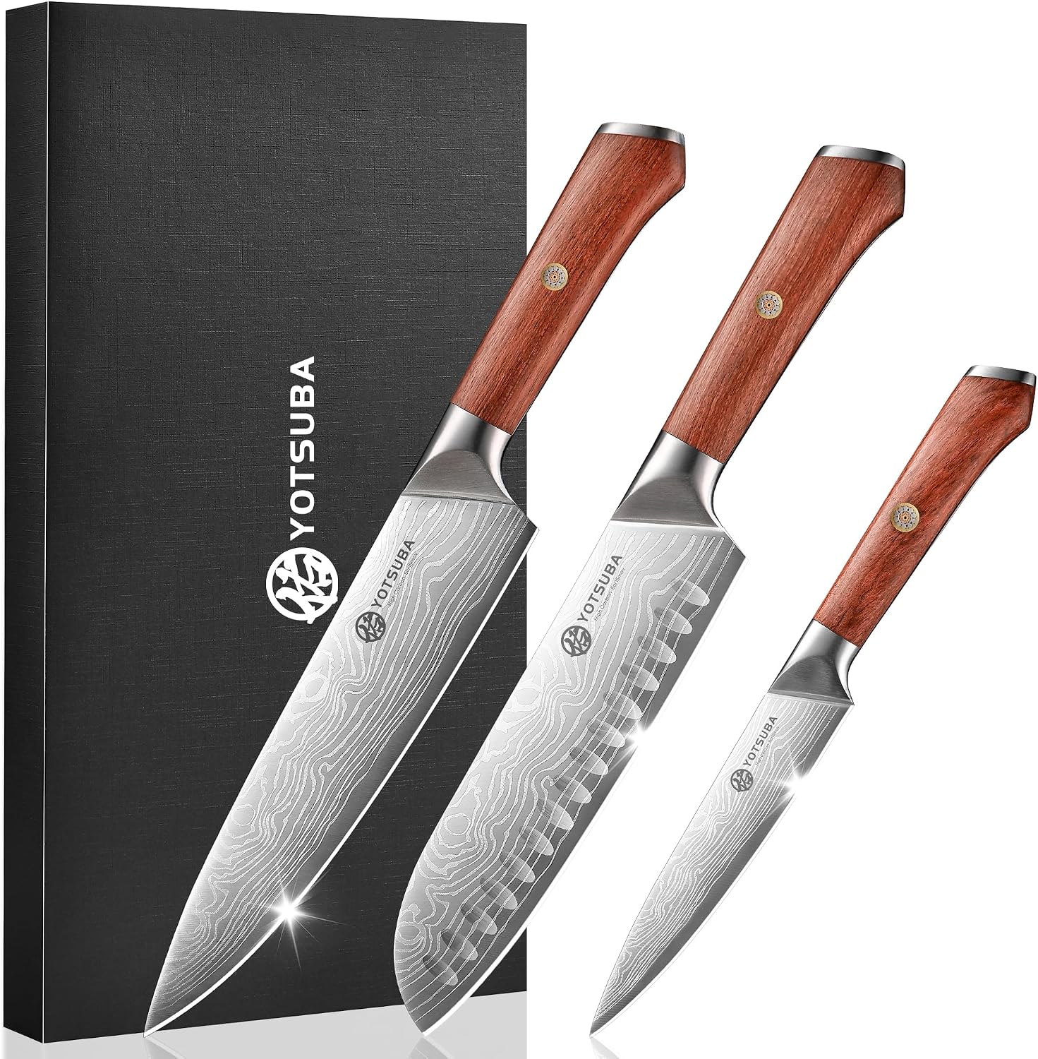 YOTSUBA 3 PCS Japanese Kitchen Knife Set, Razor Sharp High Carbon Stainless Steel Chef Knives with Ergonomic Natural Rosewood Handle, Premium Gift Box for Home & Restaurant Use