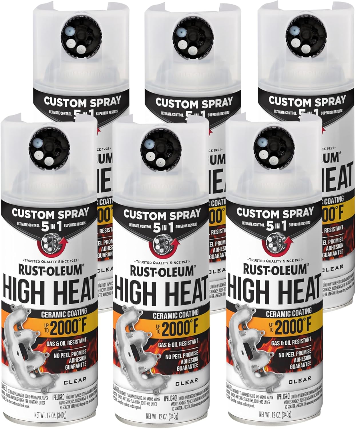 Rust-Oleum Automotive High Heat Spray Paint Custom Spray 5-in-1, 12 oz, Gloss Clear, 6 Pack