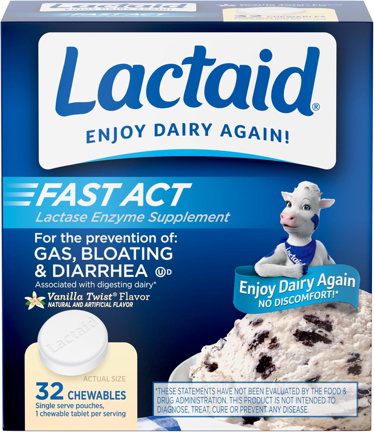 Lactaid Fast Act Lactose Intolerance Relief Chewables, Vanilla Twist, 32 ct