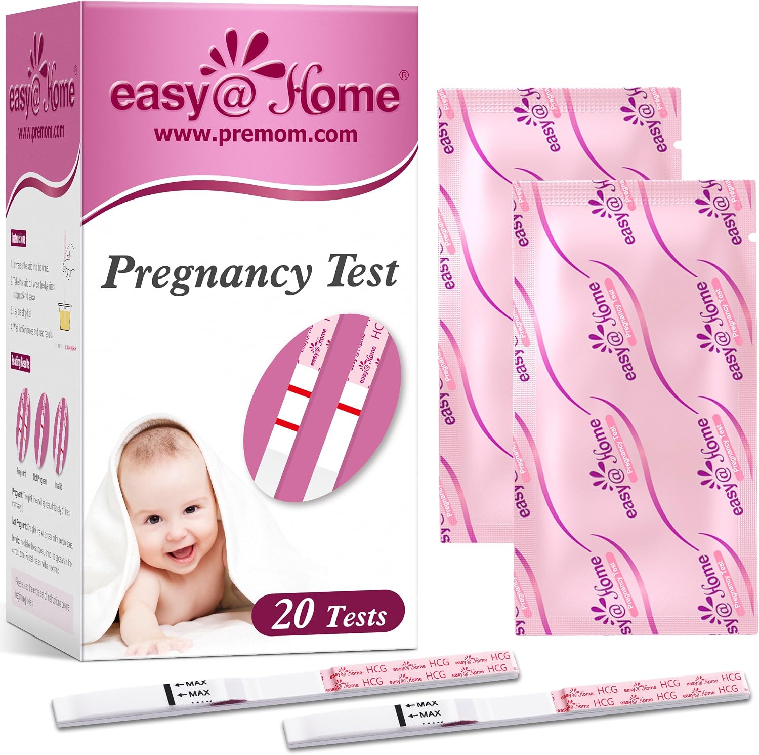 Easy@Home Pregnancy Test Strips: 20 Bulk Pregnancy Strips, Early Detection hCG Test Kit - Pruebas de Embarazo, Powered by Premom APP | 20 Pack