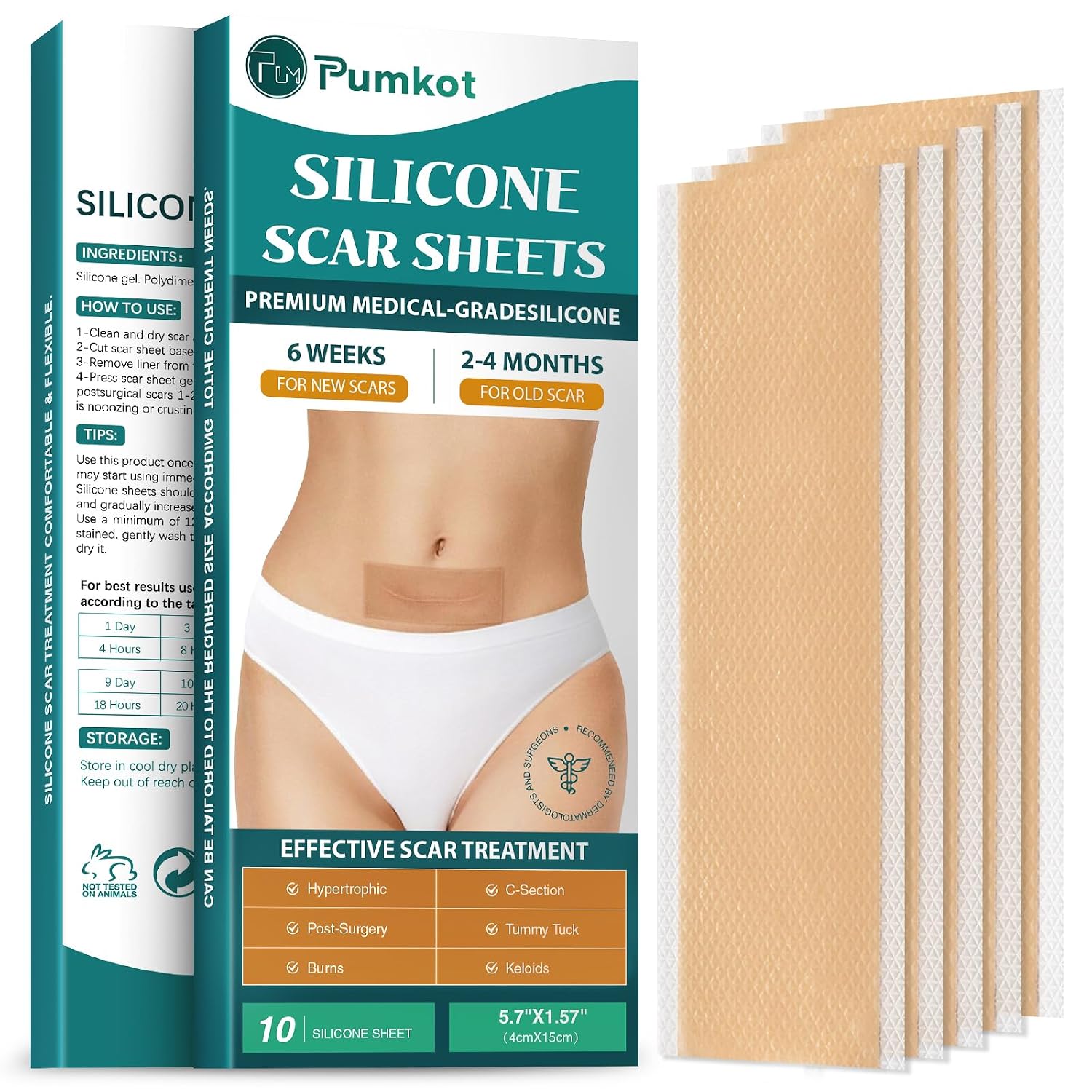 Pumkot Silicone Scar Sheets, Silicone Scar Tape for Surgical Scars, 10 Pcs