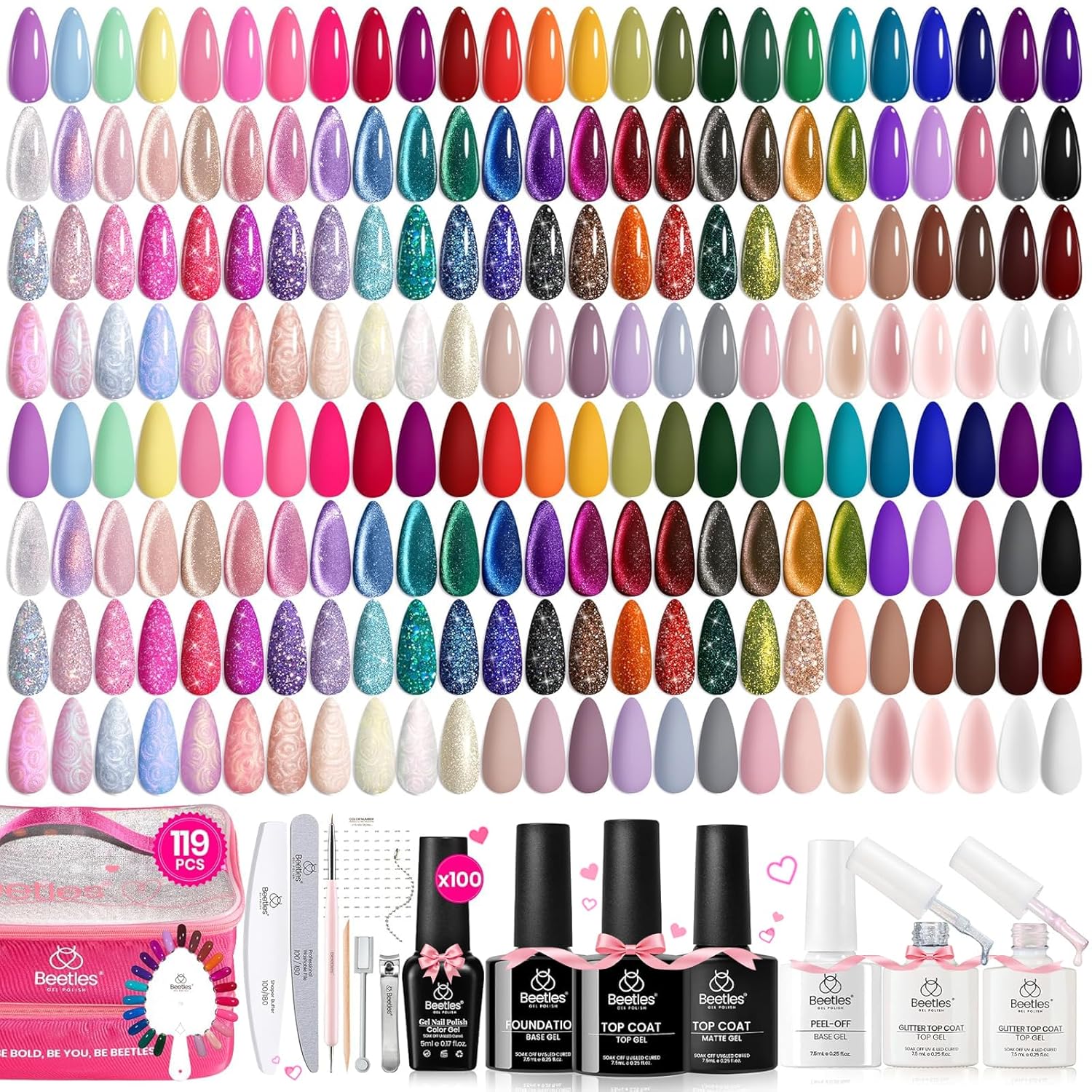 Beetles 119 PCS Gel Nail Polish Set - 100 Colors Spring Nail Polish Kit Cat Eye Pink Blue Jelly Glitter Pearl Gel Polish & 5Pcs Base Top Coat Soak off UV Manicure Nail Art Home Easter Gifts for Women