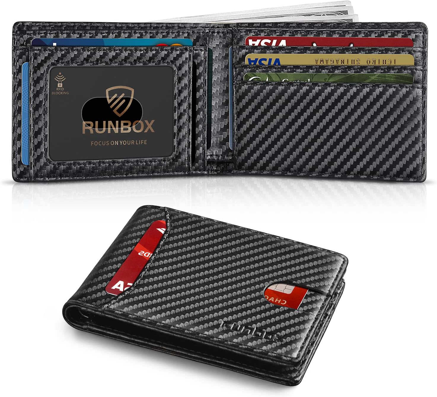 RUNBOX Wallet for Men Slim 11 Credit Card Holder Slots Leather RFID Blocking Small Thin Men's Wallet Bifold Minimalist Front Pocket Large Capacity Gift Box