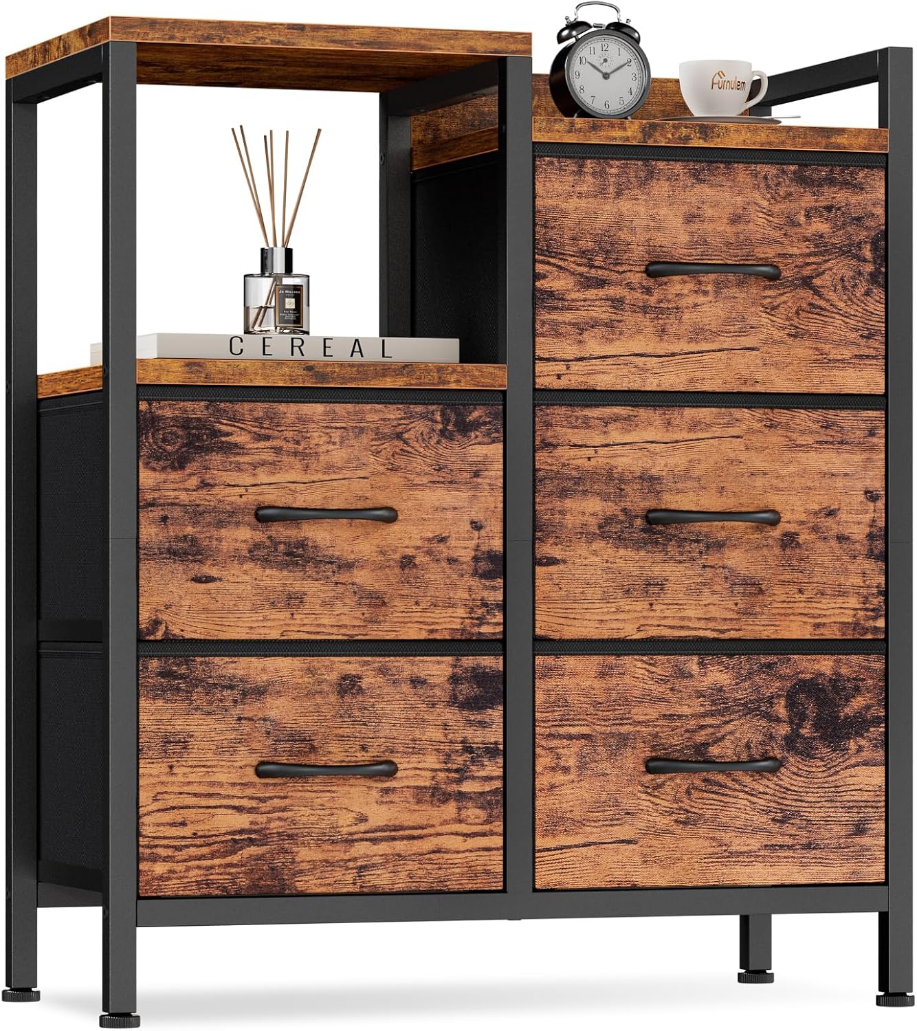 Furnulem 5 Drawer Rustic Dressers for Bedroom 2 Tier Shelf Storage Small Fabric Dresser for Closet Sturdy Metal Frame Modern Dresser Bedroom Dresser with Drawers for Hallway Rooms