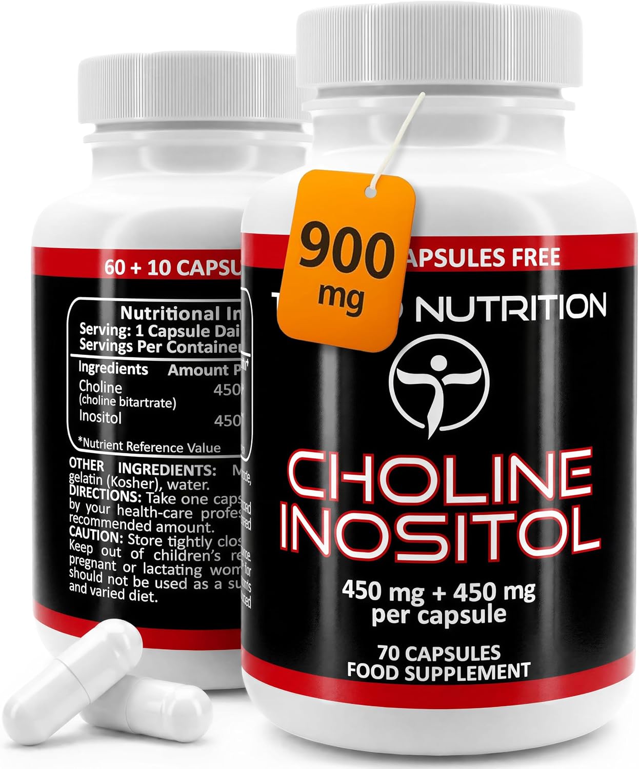 Choline Inositol Supplement 900mg, 70 High Strength Capsules, Non-GMO