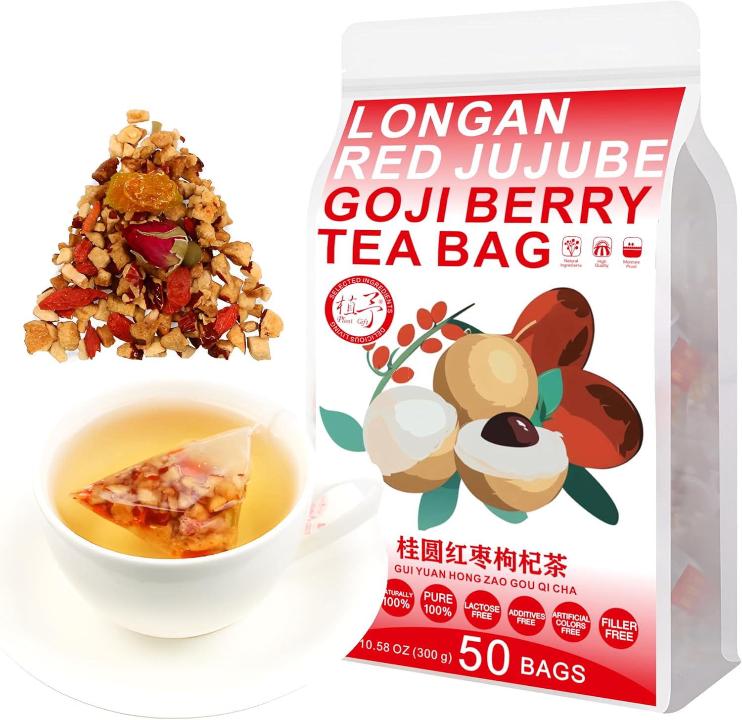 Plant Gift 50 cups Longan Goji Berry Tea Bags (桂圆红枣枸杞茶 GUI YUAN HONG ZAO GOU QI CHA) Dried Longan, Wolfberry, Rose, 10.58oz (6g*50bags / 300g) Combination of Floral Tea