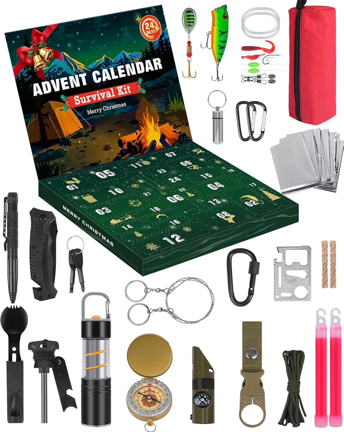 Survival Advent Calendar 2025 for Adult Men Women- 24 Days of Christmas Advent Calendar with Survival Gear for Outdoor Camping, Fishing,Hiking -Surprise Gift for Adults and Teenagers