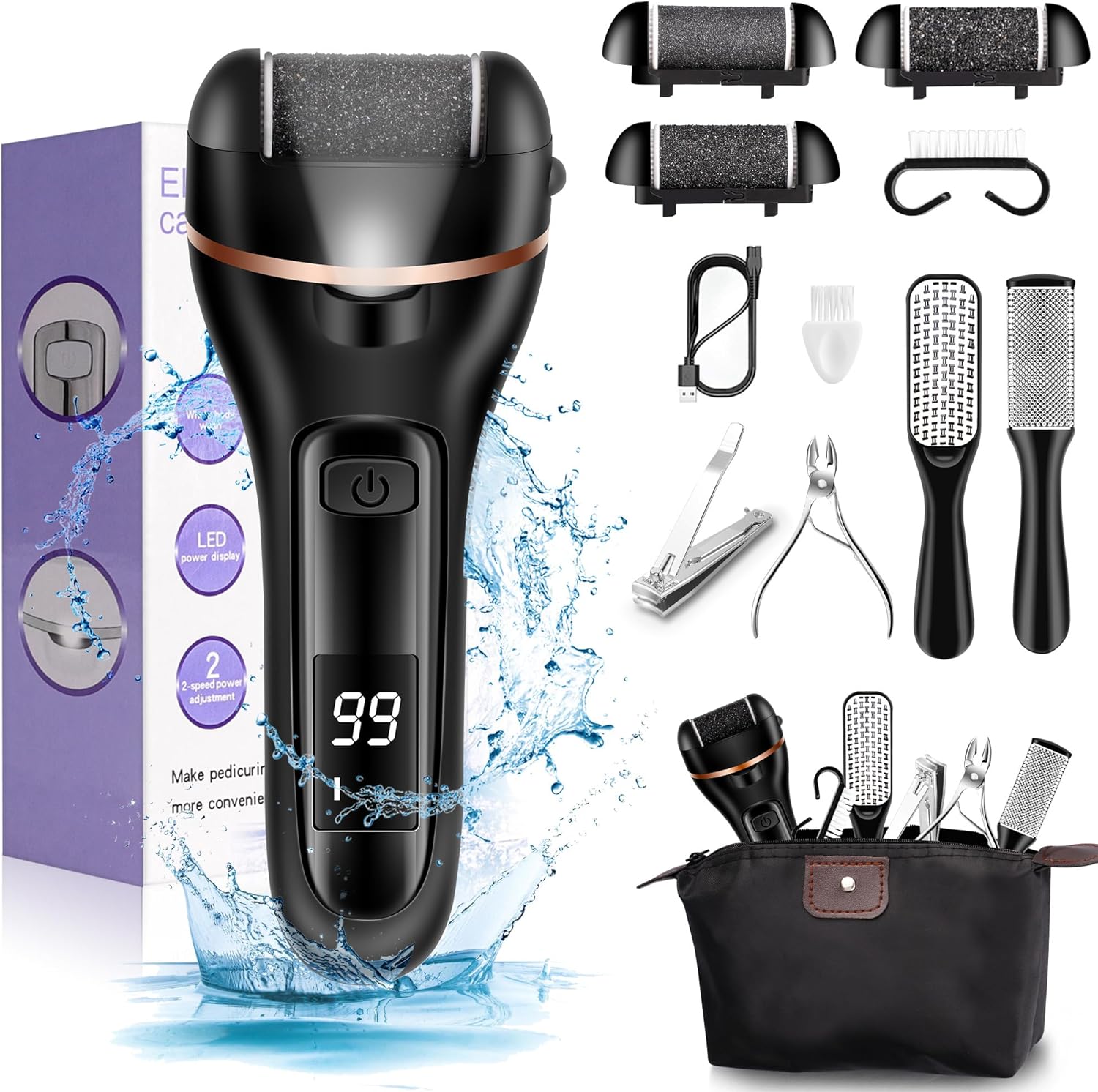 Electric Foot File, Ratukall Hard Skin Remover, Rechargeable Waterproof Callus Remover Pad Feet Care Kit, Professional Pedicure Tools Set with Storage Bag for Dry Dead Skin Cracked Heels Calluses
