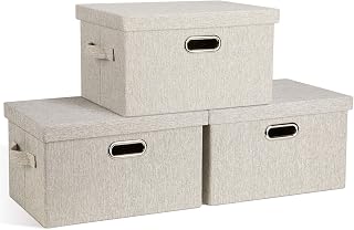 Medium 15" 21 Quart Collapsible Stackable Storage Bins with Lids, 3 Packs Beige Foldable Fabric Closet Boxes Lidded Storage Bins Heavy-duty Linen Baskets Organizers and Storage for Office