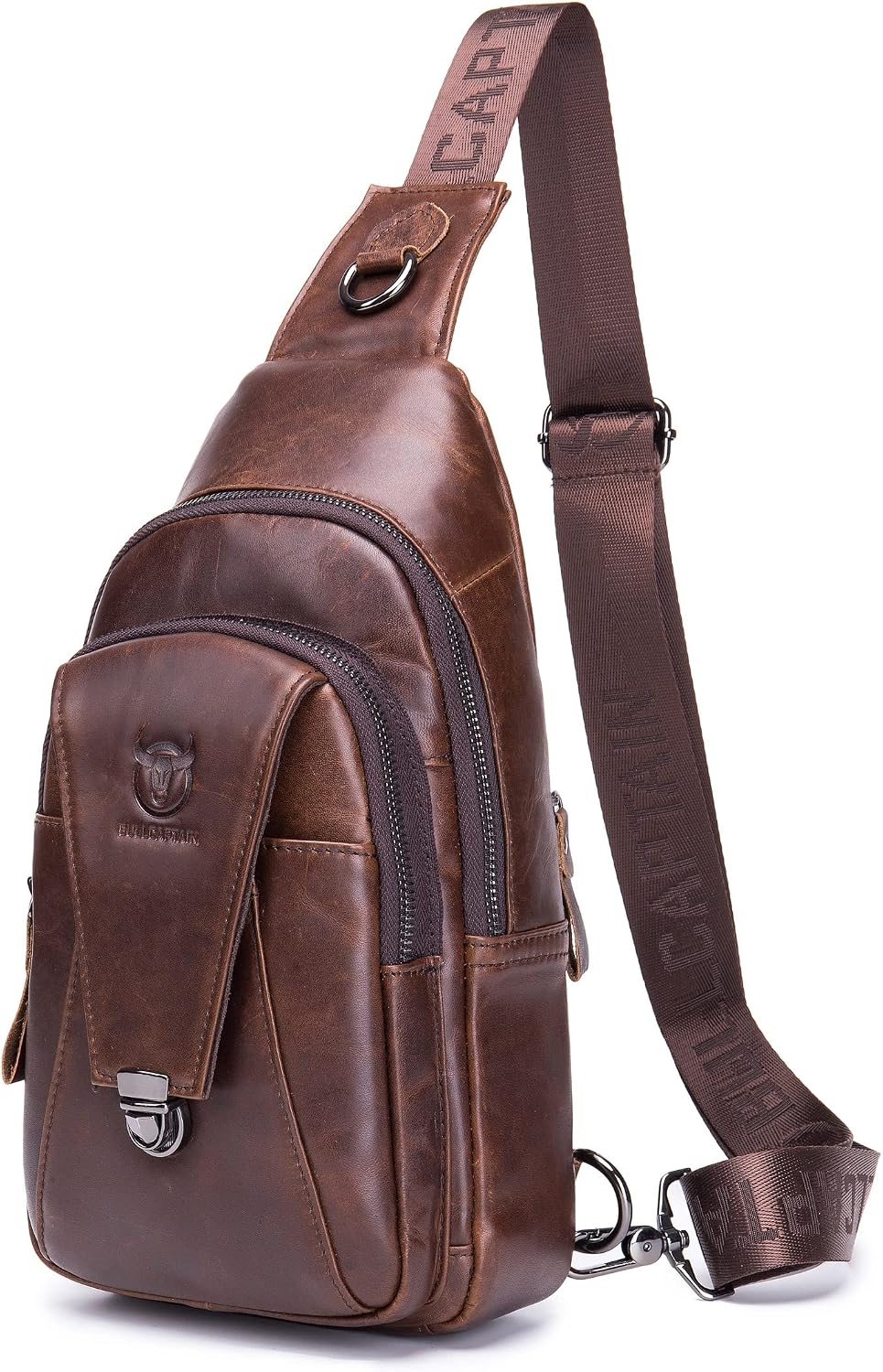 BULLCAPTAIN Leather Sling Bag for Men Multi-pocket Crossbody Chest Bag Travel Casual Shoulder Backpack