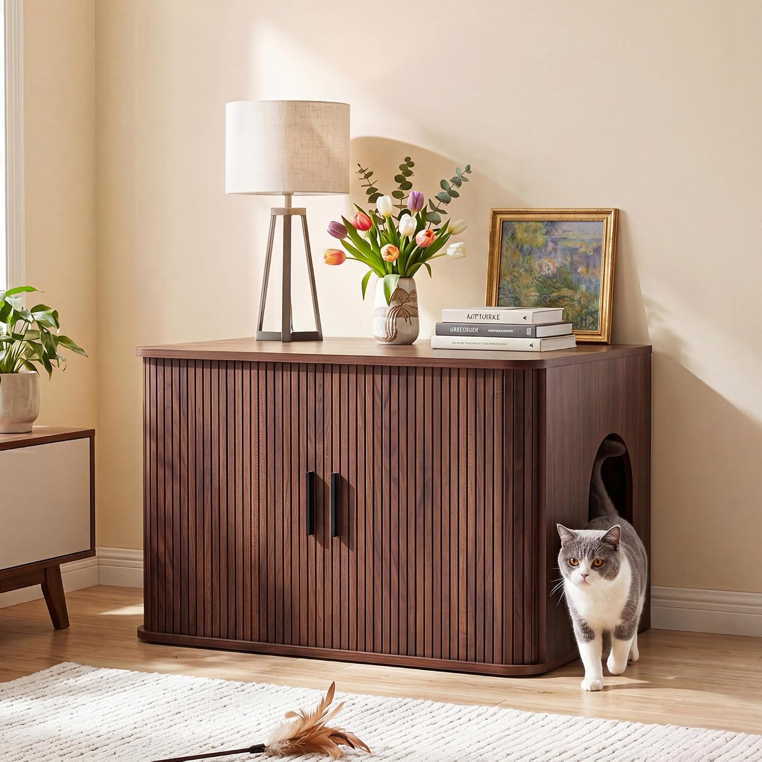 Seang 31.5" Cat Litter Box Enclosure Furniture, Hidden Litter Box, Walnut