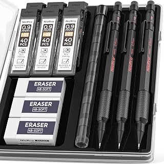 Nicpro 0.9 Metal Mechanical Pencil Set with Case, 3PCS Hevey Duty MP2000 Lead Pencil With 6 Tube HB Lead Refills 0.9mm, Erasers, Weatherproof Barrel for Outdoor Writing Drafting Drawing Sketching