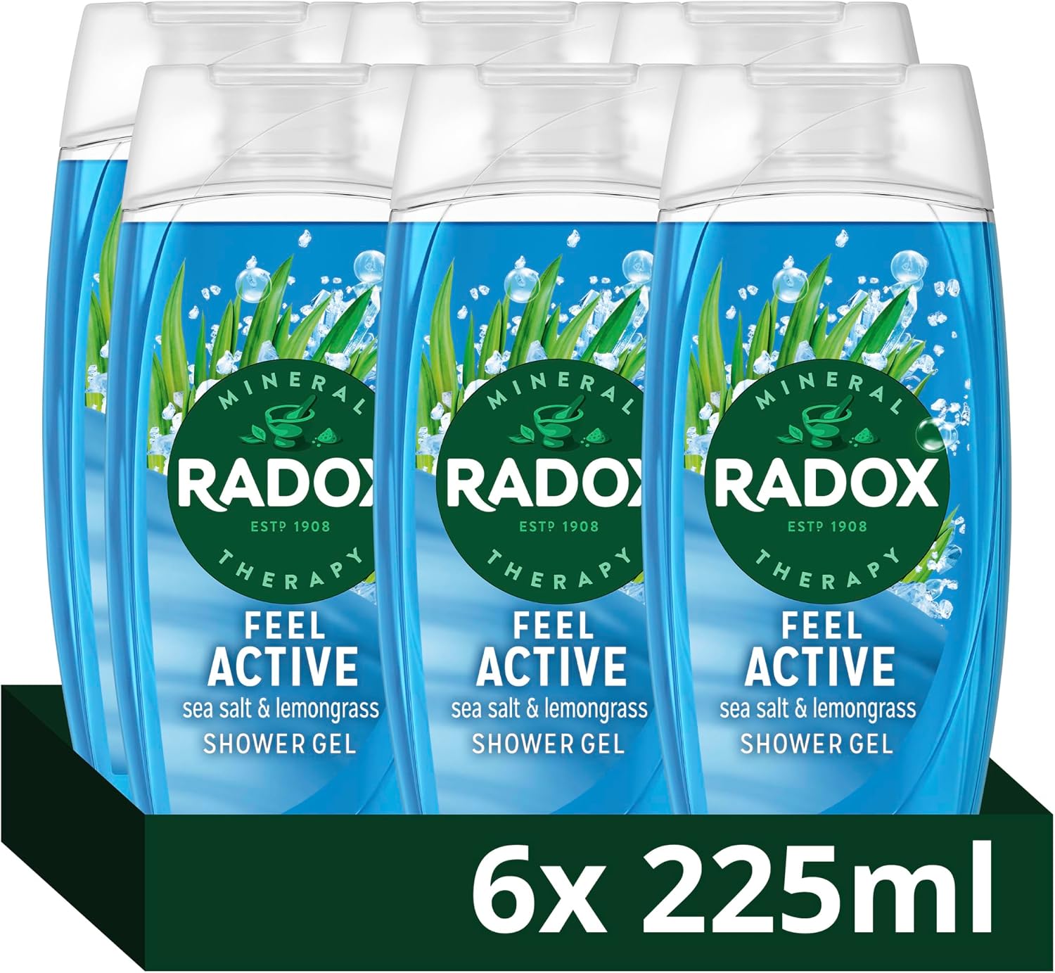 Radox Mineral Therapy Feel Active Body Wash Shower Gel uniquely blended with herbs, minerals, and a sea salt & lemongrass fragrance for a refreshing experience 225 ml, Pack of 6