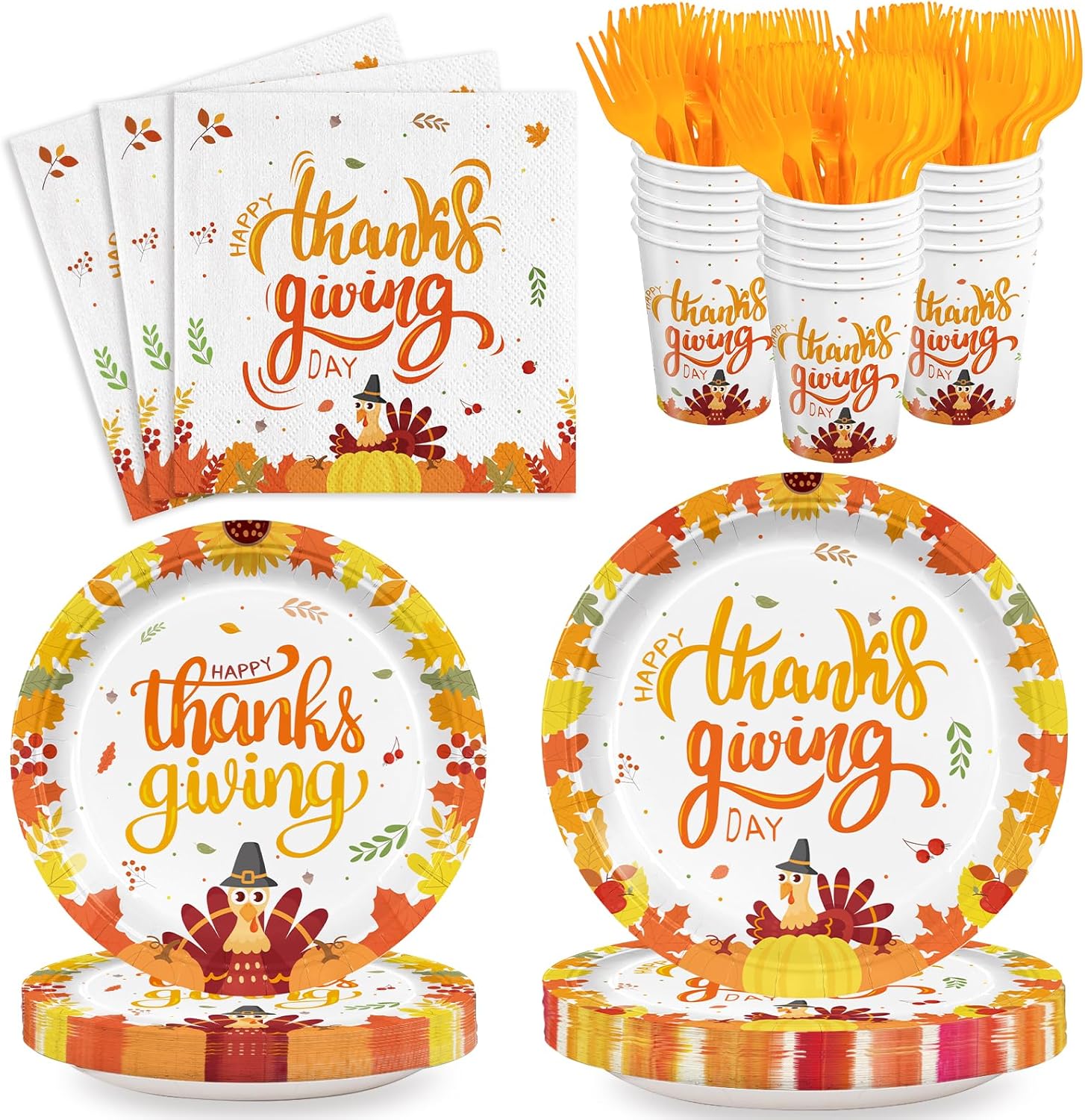 120pcs Thanksgiving Party Plates and Napkins Fall Turkey Party Supplies Pumpkins Happy Thanksgiving Day Autumn Party Supplies for Thanksgiving Theme Party Serves 24 Guests