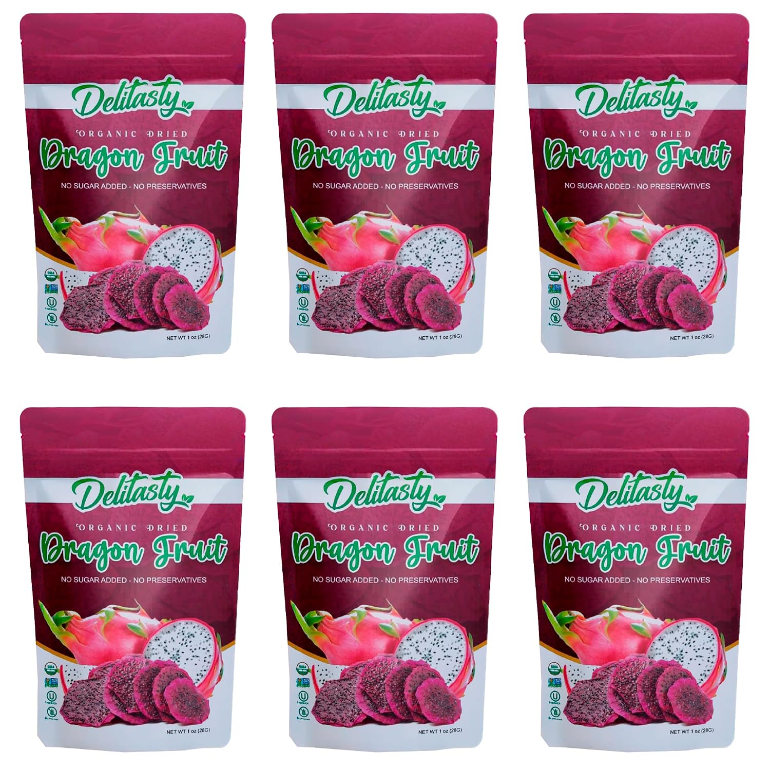 Dried Dragon Fruit Organic Slices-Dried Fruit No Sugar Added-Dehydrated Dragon Fruit for Drinks-Dragonfruit- 6Pack-1oz each.