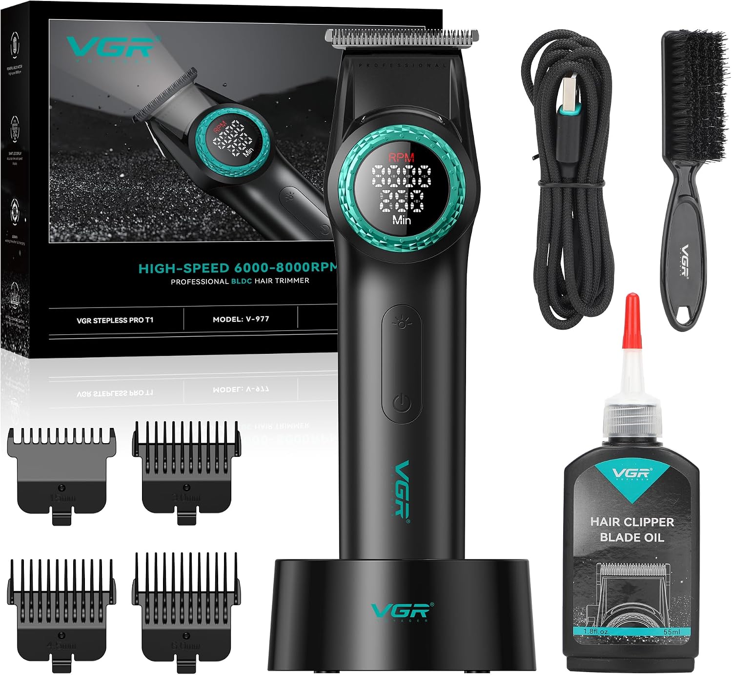 VGR Professional Beard Hair Trimmer for Men - Cordless USB Rechargeable Battery - Electric BLDC Motor 8000 RPM, DLC + Ceramic Blades, Barber Lineups, Edging, Outlining, Detailing, Grooming & Shaping