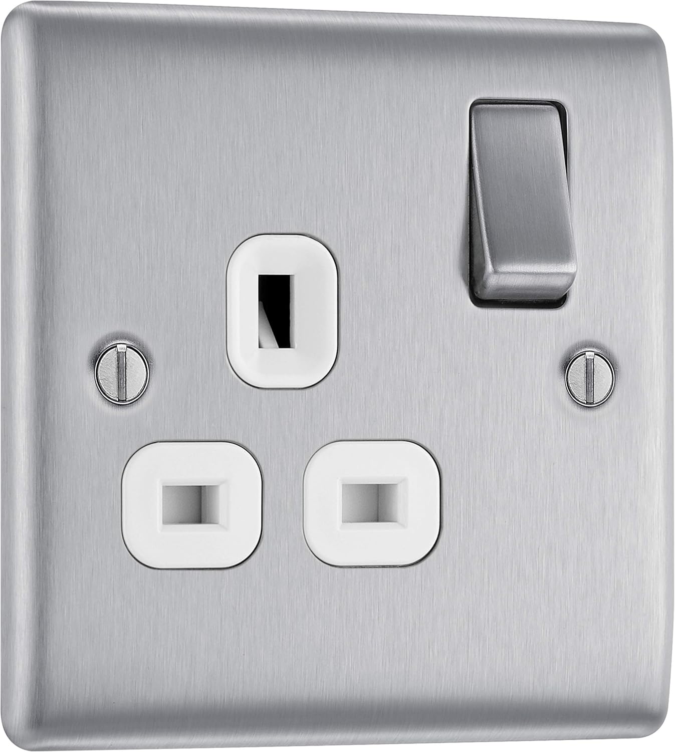 BG Electrical Single Switched Power Plug Wall Socket, Raised and Slim Profile, Round Edges, Nexus Metal, Brushed Steel, White Inserts, 13A, NBS21W