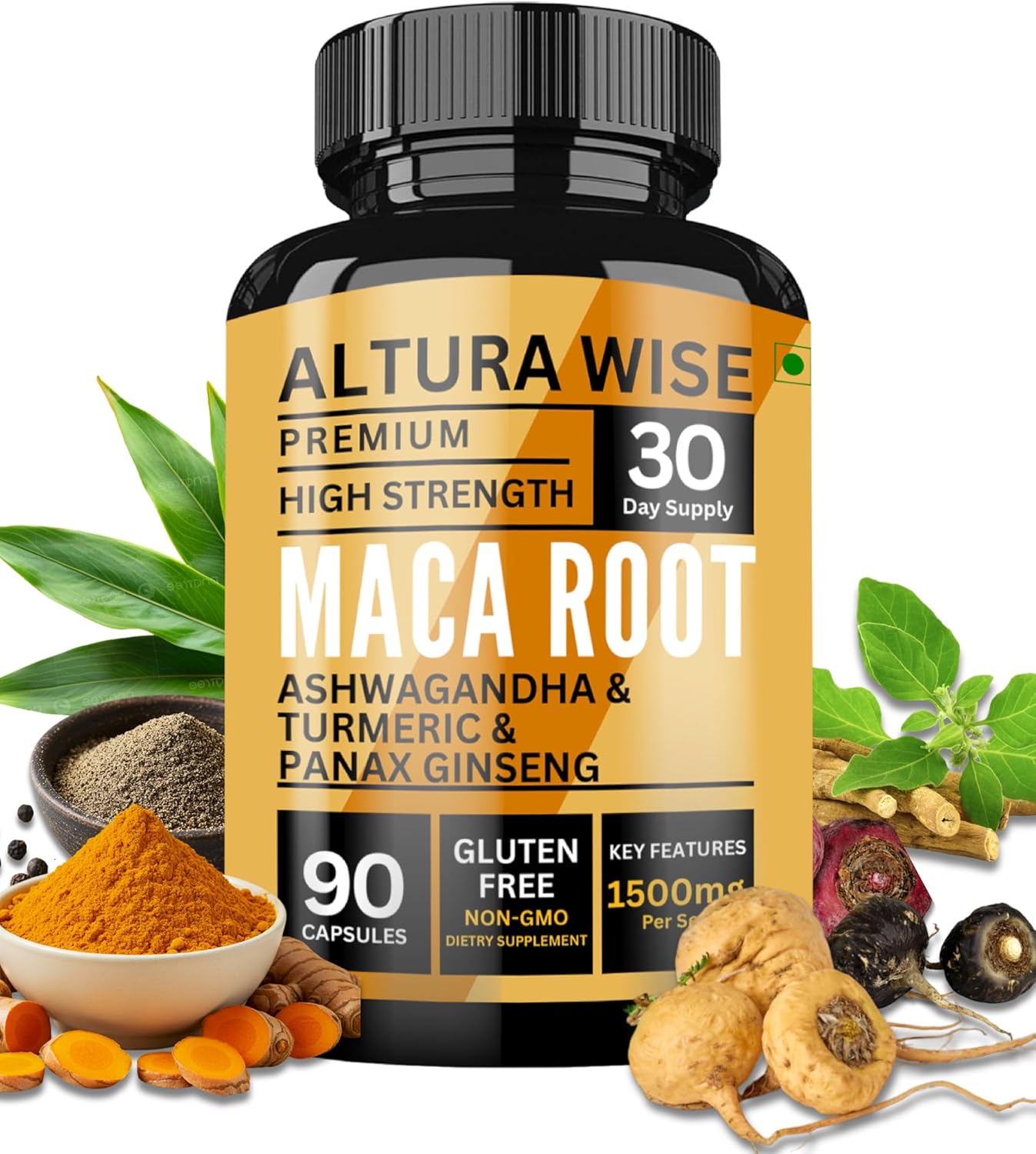 Maca Root Capsules with Ashwagandha, Turmeric and Ginseng - 90 High Strength 1500mg Maca Root + Ashwagandha Turmeric, Panax Ginseng & Black Pepper for Men & Women