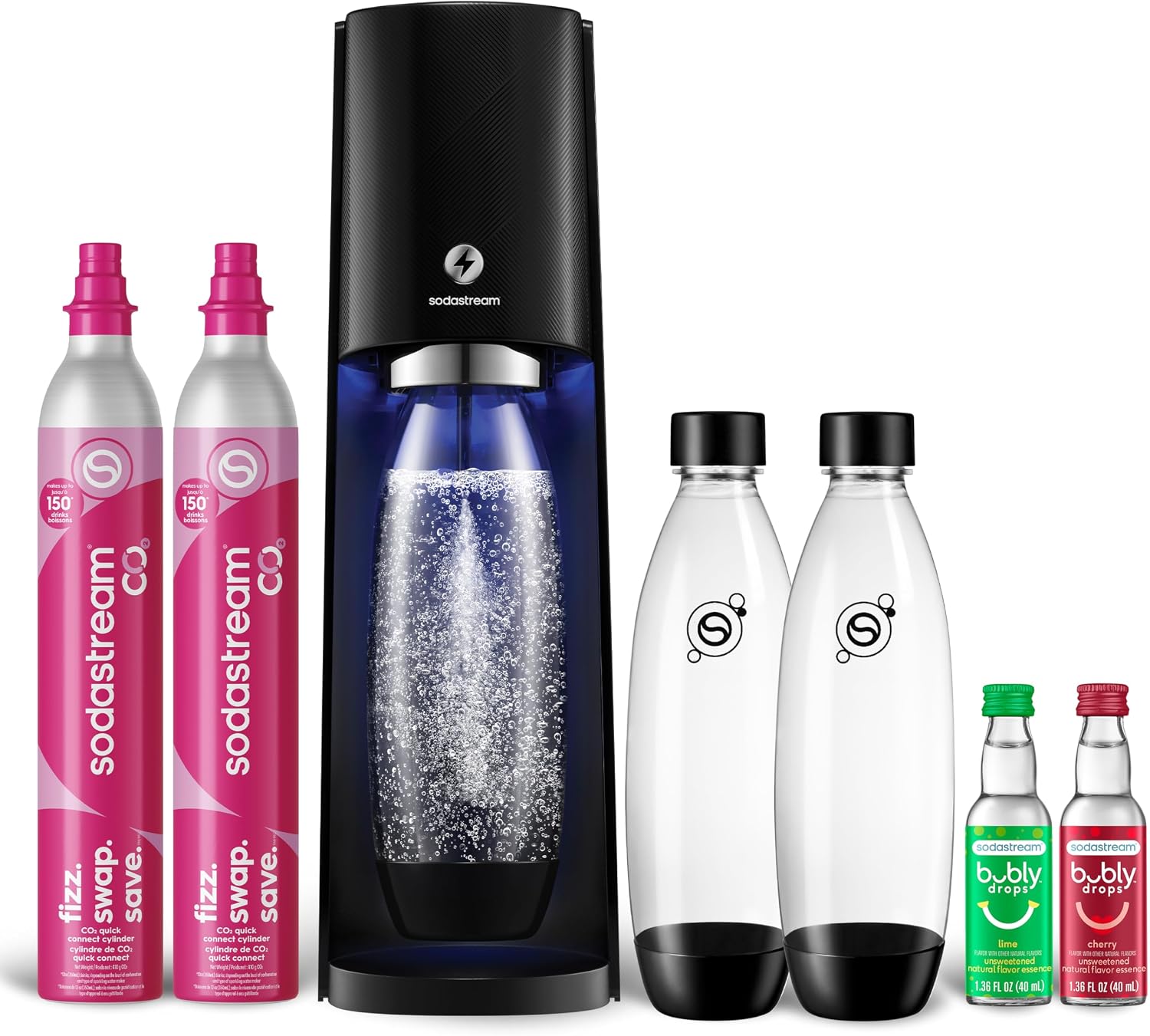 SodaStream - E-TERRA Soda Maker | VALUE BUNDLE | 3 Automatic Carbonation Levels | Includes 2x CO2 Cylinders, 3x 32 Fl Oz Dishwasher Safe Bottles, 2x Bubly Fruit Flavor Drops, 1x Power Adapter | Black