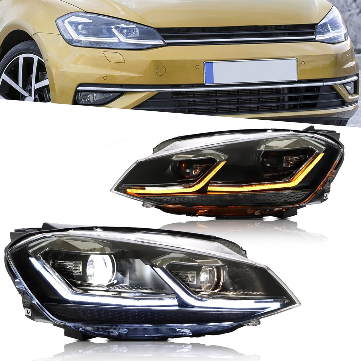 VLAND Headlights compatible with Golf MK7 Golf VII TSI TDI Variant Alltrack halogen 2012-2017 [not fit MK7 GTI/R/GTD/MK7.5], For RHD, Silver stripe/not include bulbs