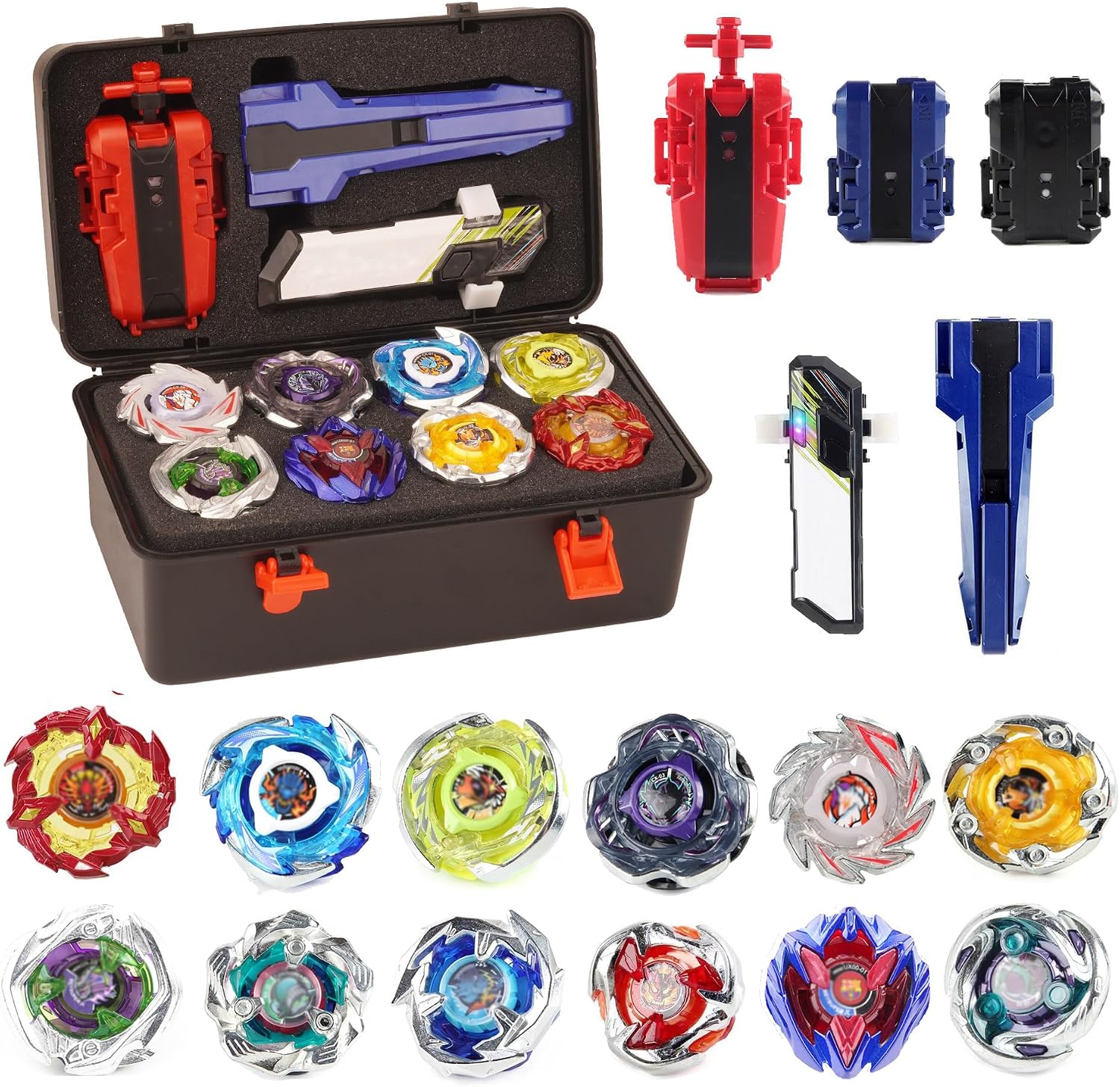 Battling Burst Gyro Toy Set Gift 12 Burst Spinning Tops 2 Two Way Launchers Grip Starter for Boys Children Kids 6 8 10 12+ Battle Game with Portable Box