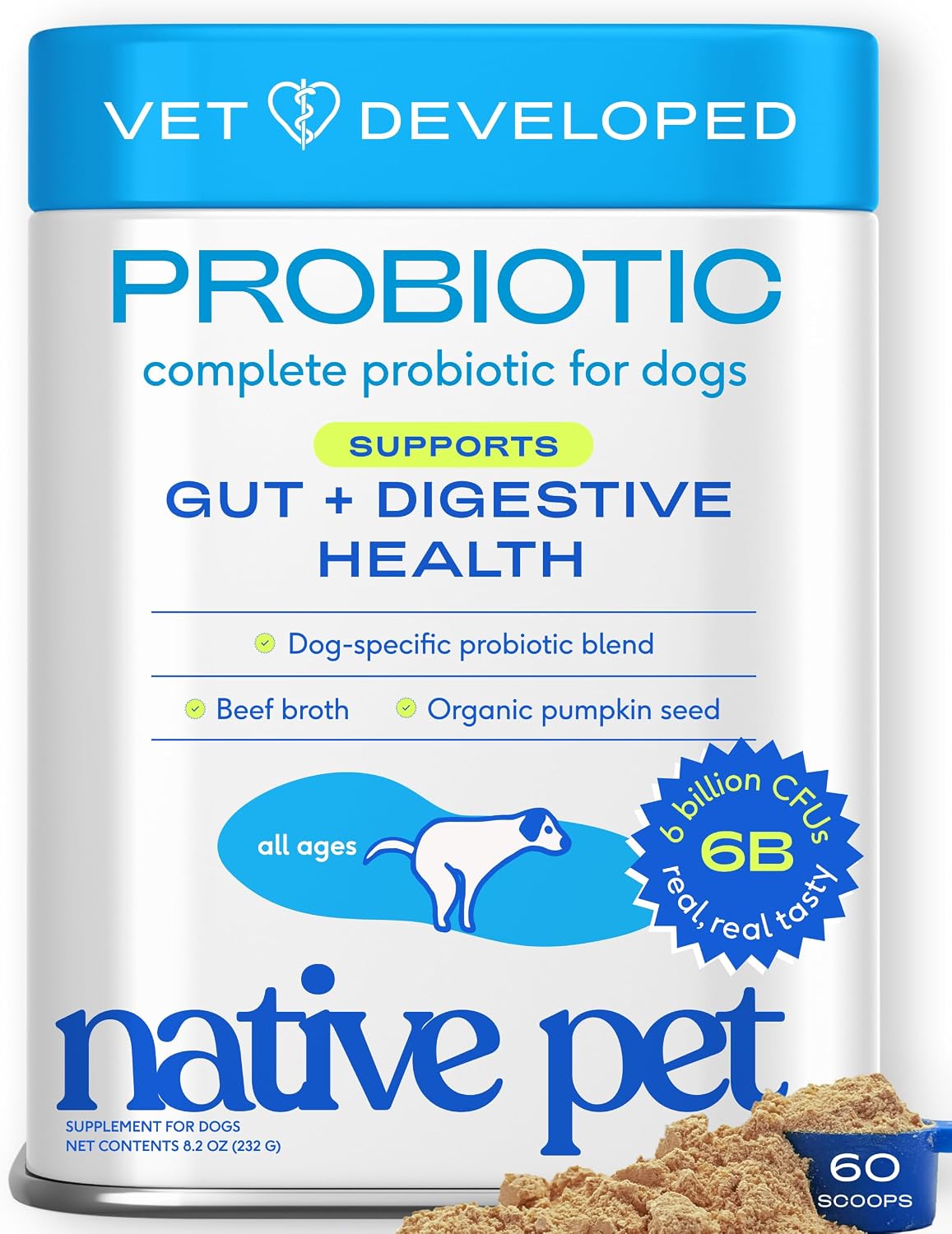 Native Pet Probiotics for Dogs – Dog Probiotic Powder for Gut & Digestive Health, Vet-Formulated 6B CFUs Dog-Specific Probiotic Strains, Supports Stool Quality & Diet Transitions – 60 Scoops