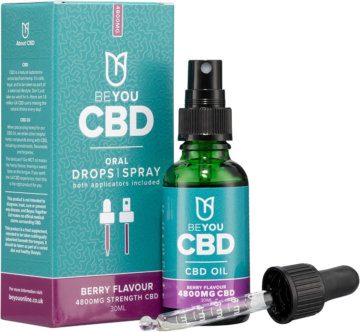 BeYou CBD Oil - 4800mg CBD Drops & Spray - High Strength CBD Oil - MCT Oil - Lab Tested, No THC - Berry Flavour - 30ml - Soothes Stress, Anxiety, Sleep, Aches & Pains