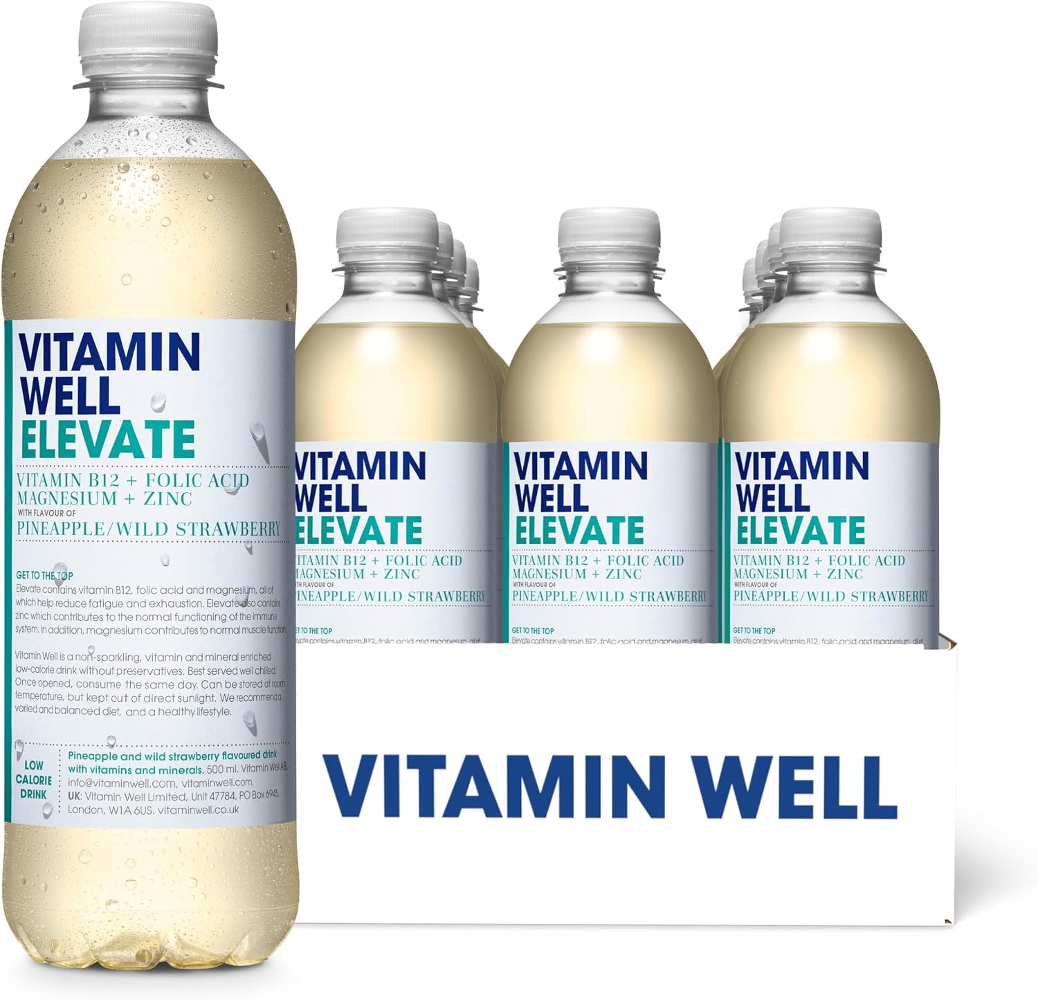 Vitamin Well Pineapple & Wild Strawberry Flavouredwater– Enriched with Vitamin B12, Folic Acid, Magnesium, Zinc, Low Calorie – 12 x 500m (ELEVATE)