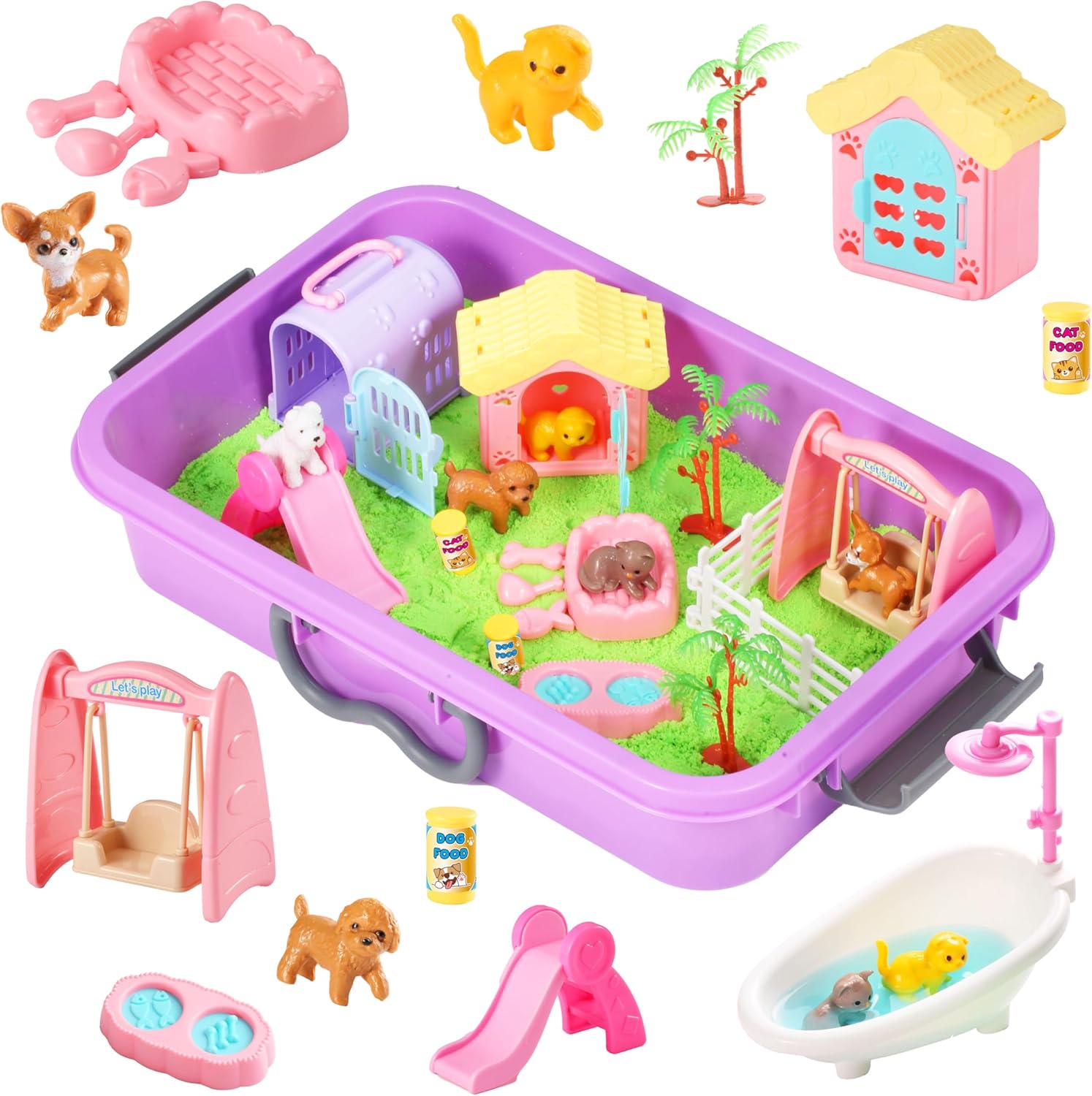 Pet Sensory bin,Dog and Cat Sandbox for Kids,Kids Play Sand Kit,Pet Play Set with Sensory Sand,Pet Care Play Set,Role Pretend Play Beach Toy Birthday Gift for Girls Boys 3 4 5 6 Years Old