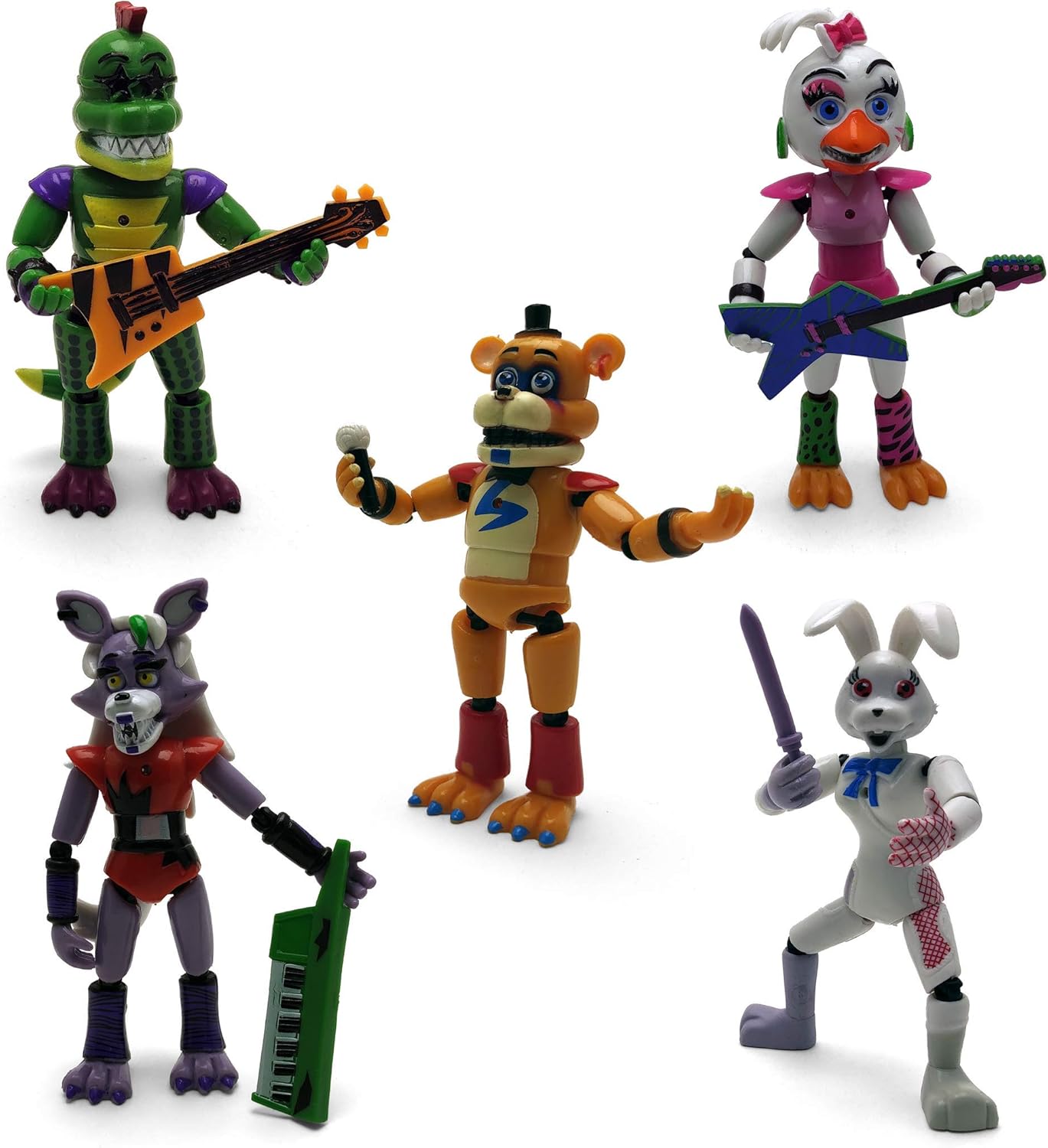 Toysvill Inspired by Five Nights at Freddys | FNAF Security Breach PizzaPlex | Freddy's Action Figures Toys, Set 5 pcs [Roxanne Wolf, Glamrock Chica, Montgomery Gator, Glamrock Fred, Vanny]