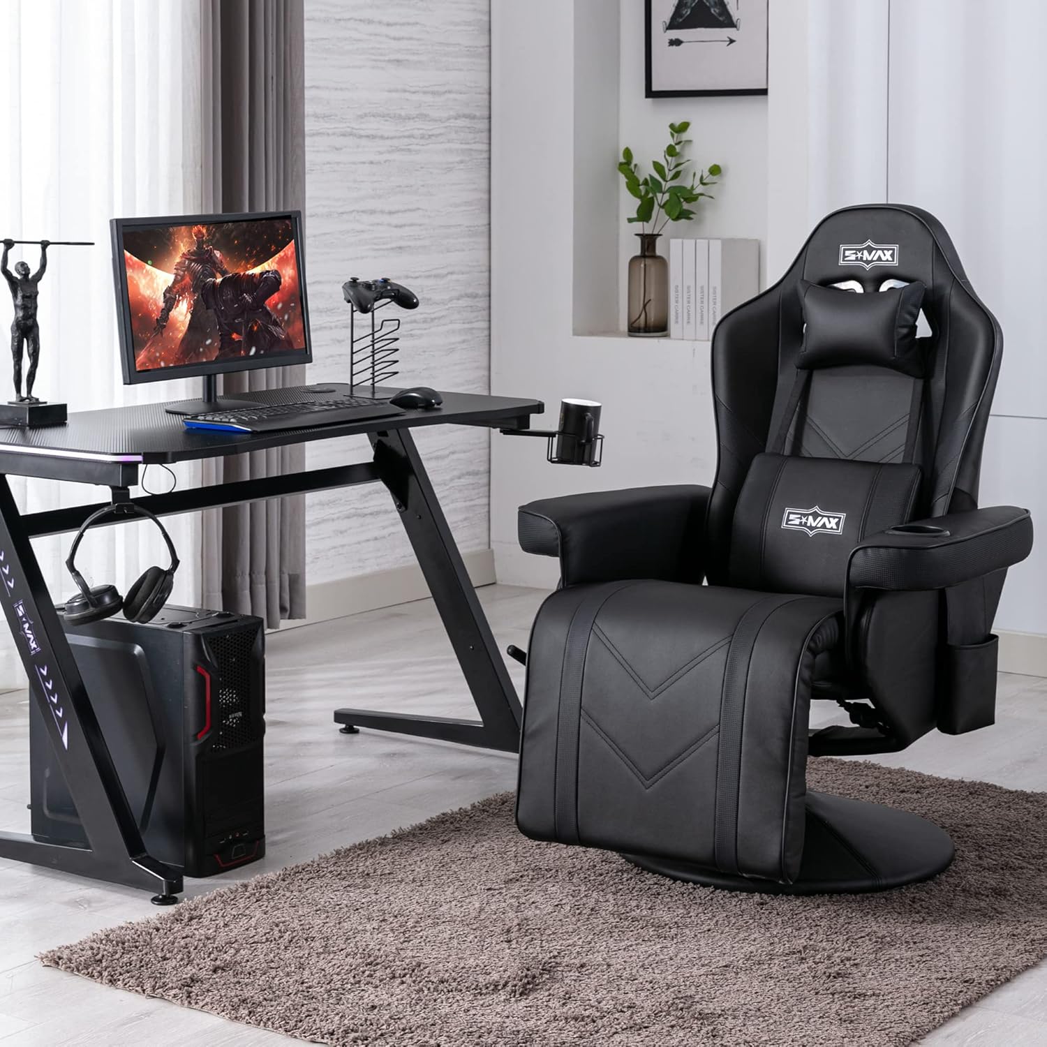 S*MAX Gaming Recliner Chair for Adults Higher Back and Wider Lumbar Support Swivel PU Leather Gaming Chair with Footrest Larger Cup Holder Gamer Chairs Black X Large