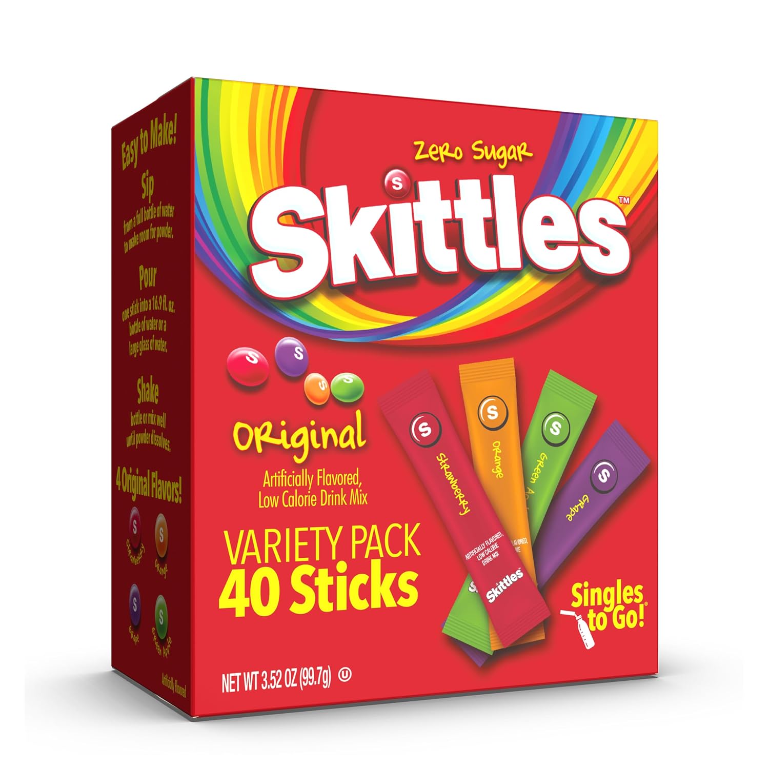 Singles To Go! Skittles Powdered Drink Mix, Original Variety Pack, 40 Count