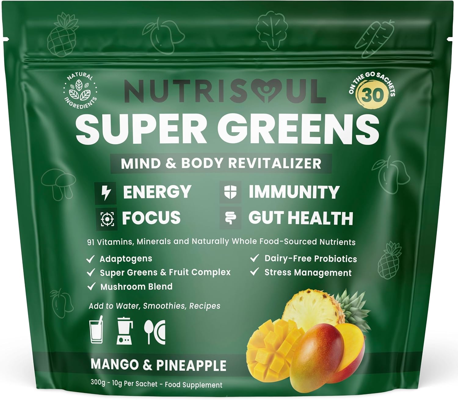 Super Greens Powder | 30 Pack | Enhanced with 91 Nutrients Including Vitamins A, B12, C, KSM-66 Ashwagandha & Lions Mane | Vegan, Gluten Free Detox Supplement | Mango & Pineapple | Natural Ingredients