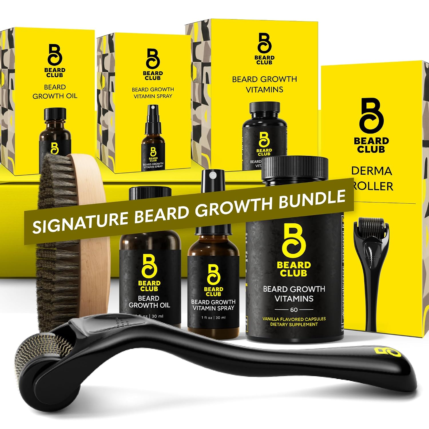 The Beard Club Signature Beard Growth Kit - Derma Roller, Beard Growth Oil, Beard Growth Vitamins, Vitamin Spray & Beard Brush - Gift Set