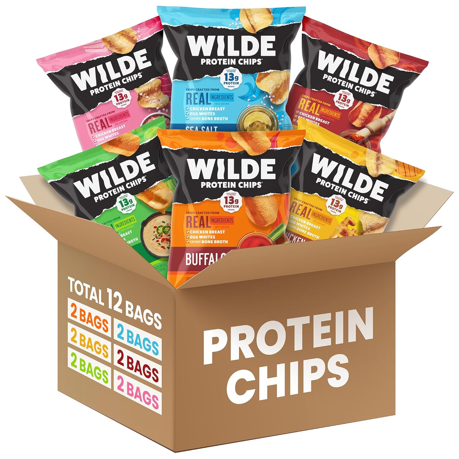 WILDE Protein Chips Variety Pack, 12g Protein, 1.34 oz Bags, Pack of 12