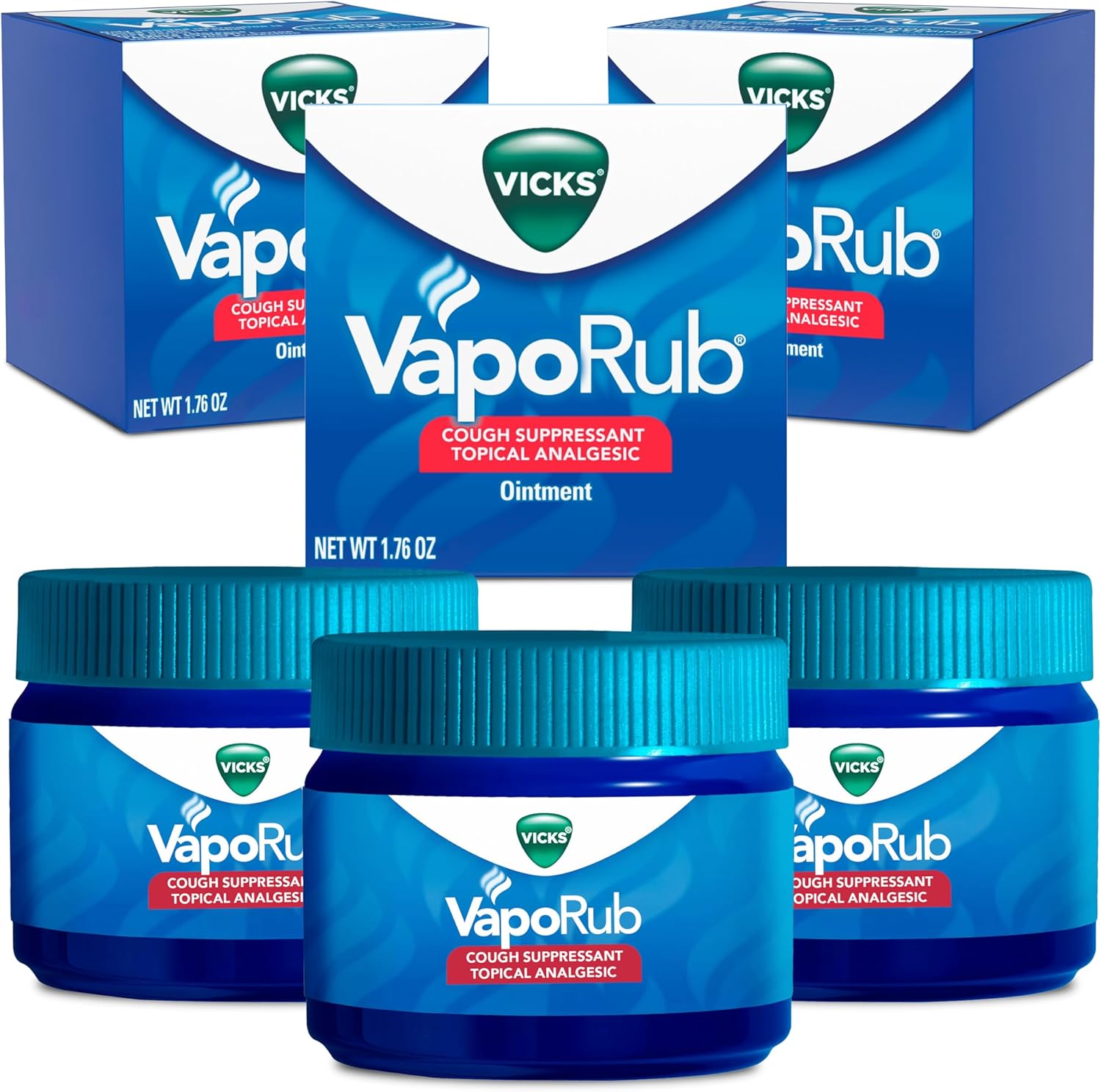 Vicks VapoRub, Original, Cough Suppressant, Topical Chest Rub & Analgesic Ointment, Medicated Vicks Vapors, Relief from Cough Due to Cold, Aches & Pains, 1.76oz each (pack of 3)