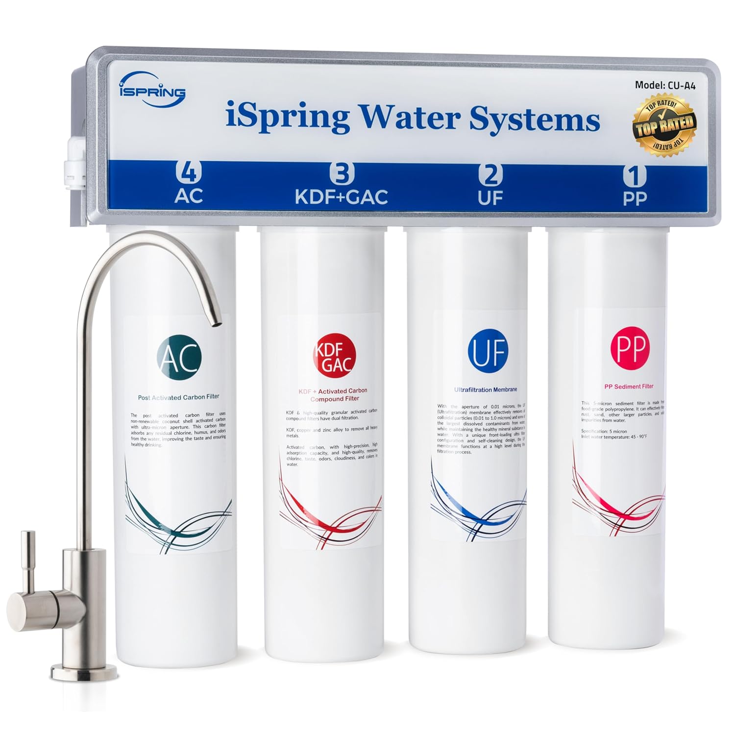 iSpring CU-A4 0.01μm Ultra-Filtration Under Sink Water Filter System, Tankless 4-Stage High Capacity, Remove 99.99% Contaminants, Quick Filter Change with Brushed Nickel Faucet, White | 0.01μm, Space-saving, Reduces 99.99% Contaminants, Quick Filter Change, With Brushed Nickel Faucet, Up to 12 Months