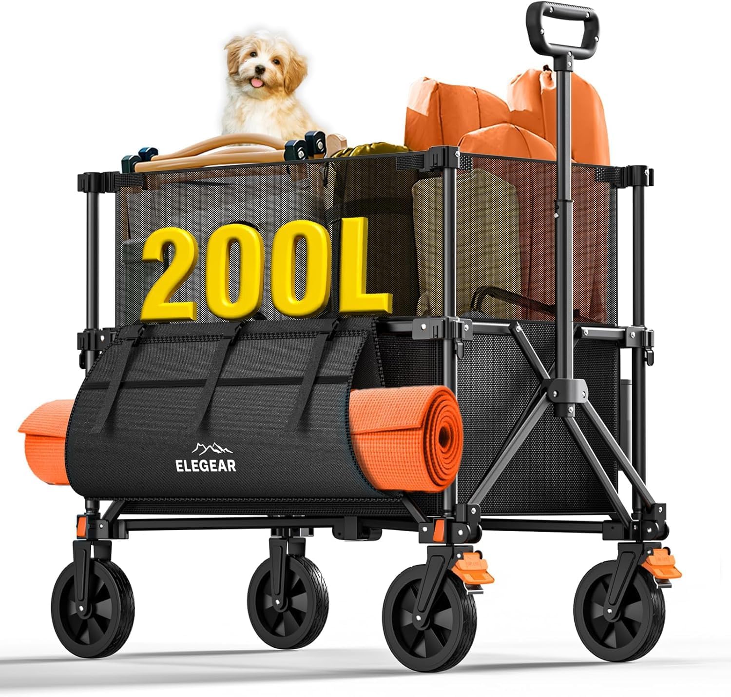 Elegear Festival Trolley Cart, 200L Large Capacity Folding Wagon, Retractable Height Camping Trolley with Adjustable Handle and Cup Holder,Collapsible Utility Wagon for Garden Picnic Hiking Transport