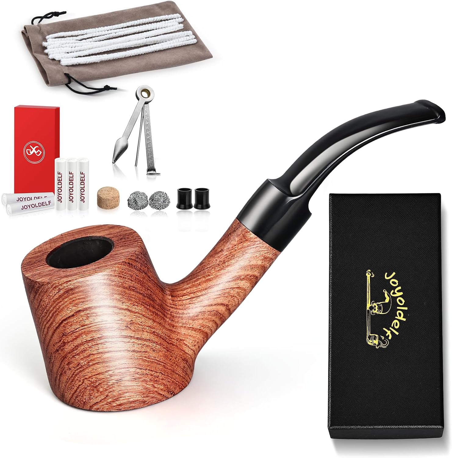 Joyoldelf Rosewood Tobacco Pipe Set, Classic Pipe with Flat Bottom Design, Handmade Pipe with Gift Box for Beginner