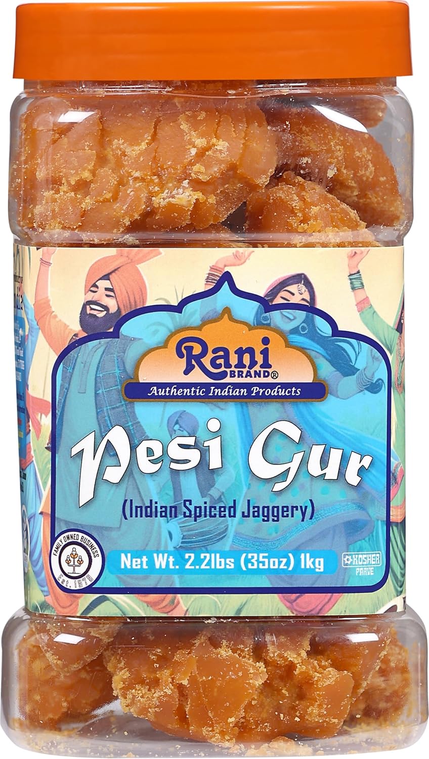 Rani Pesi Gur (Jaggery) Indian Unrefined Raw Cane Sugar 35oz (2.2lbs) 1kg PET Jar ~ Gluten Friendly | Vegan | NON-GMO | Kosher | No Salt or fillers | Indian Product