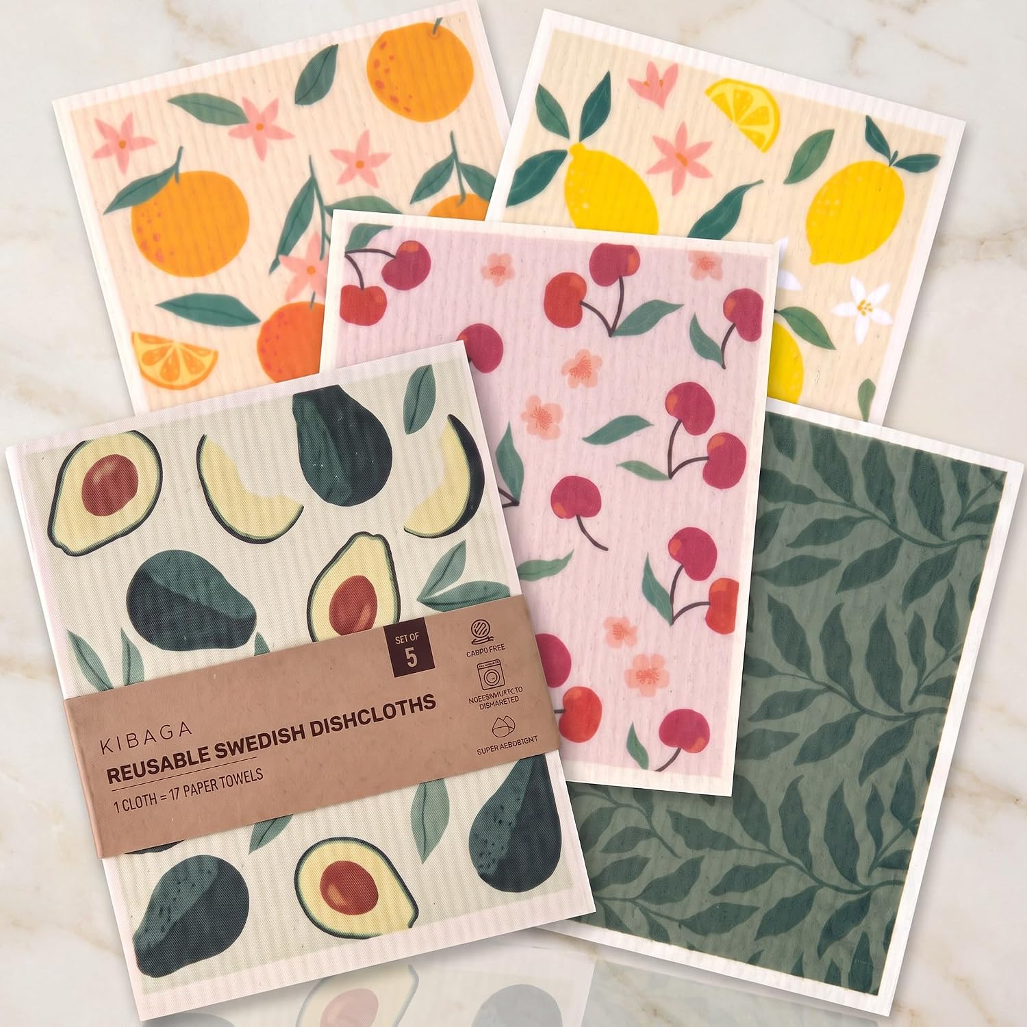 KIBAGA Beautiful Swedish Dishcloths for Kitchen Set of 5