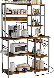SUPERJARE Large Bakers Rack with Power Outlets, 6-Tier Microwave Stand, Coffee Bar with 12 S-Shaped Hooks, Kitchen Shelf with Wire Basket, 39.3 x 15.5 x 66.9 Inches, Rustic Brown
