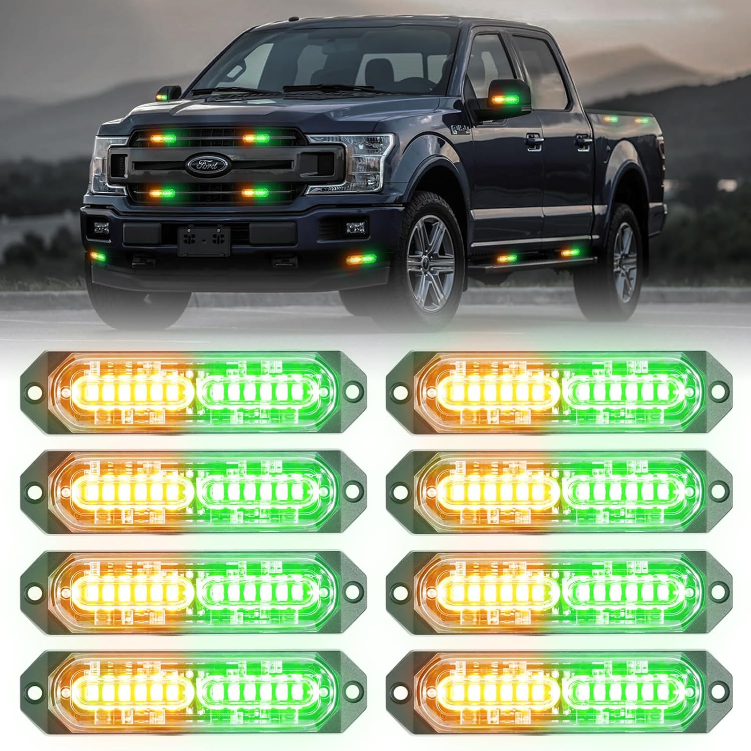 8-Pcs 12 LED Sync Feature Emergency Strobe Grille Lights Ultra Slim Surface Mount Hazard Warning Flashing Light Bar for Construction/Trucks/Vehicles/Car/SUV (Green/Amber)
