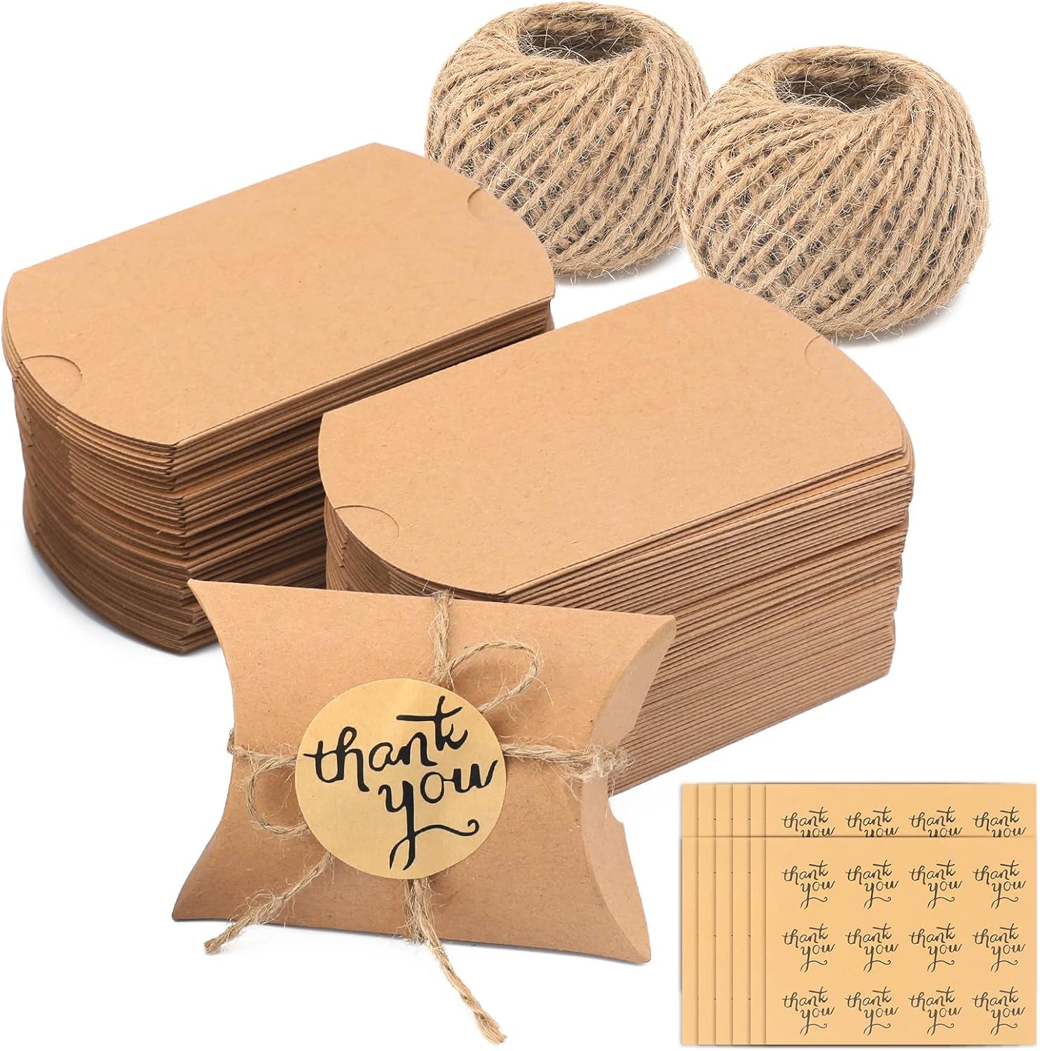 G2PLUS 100PCS Wedding Favour Candy Boxes - Small Pillow Boxes with String - Kraft Pillow Candy Boxes with Stickers for Wedding Party Birthday Decoration