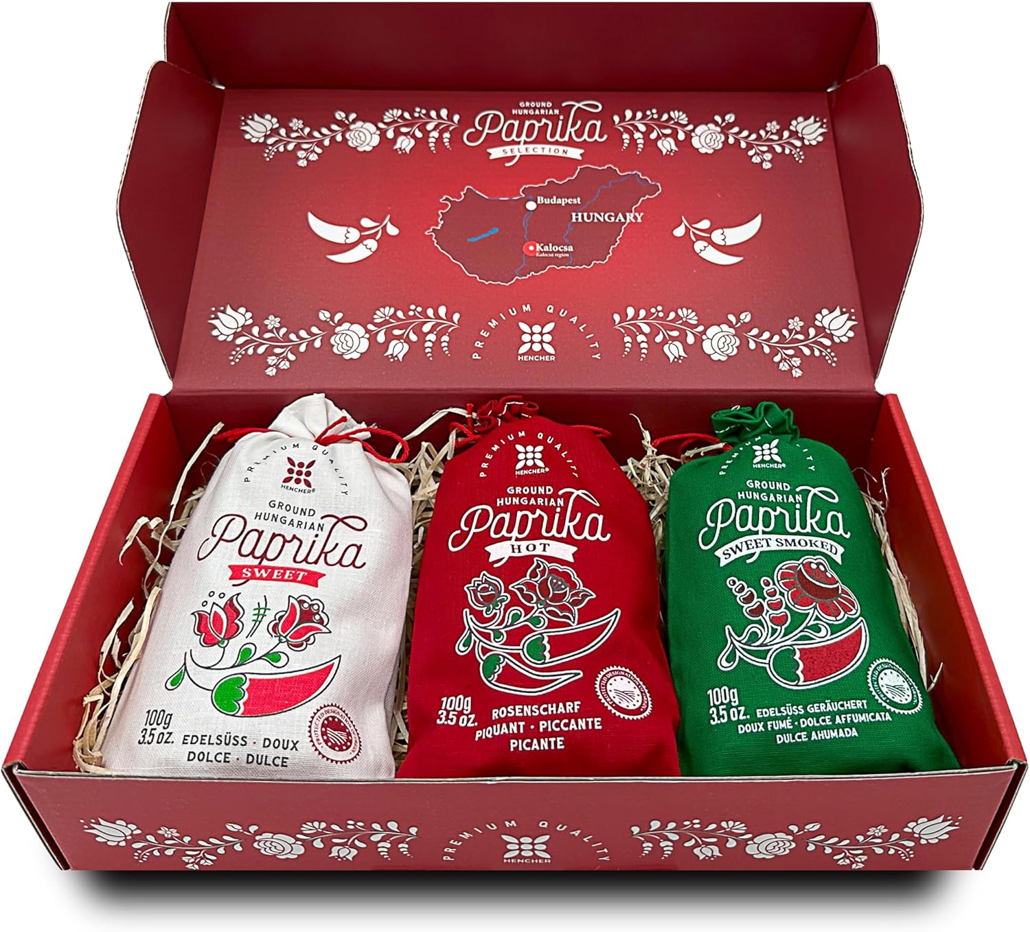 Hungarian Paprika Powder Gift Set (3 x 100g) Imported from Kalocsa, Hungary, Sweet, Spicy and Smoked Paprika